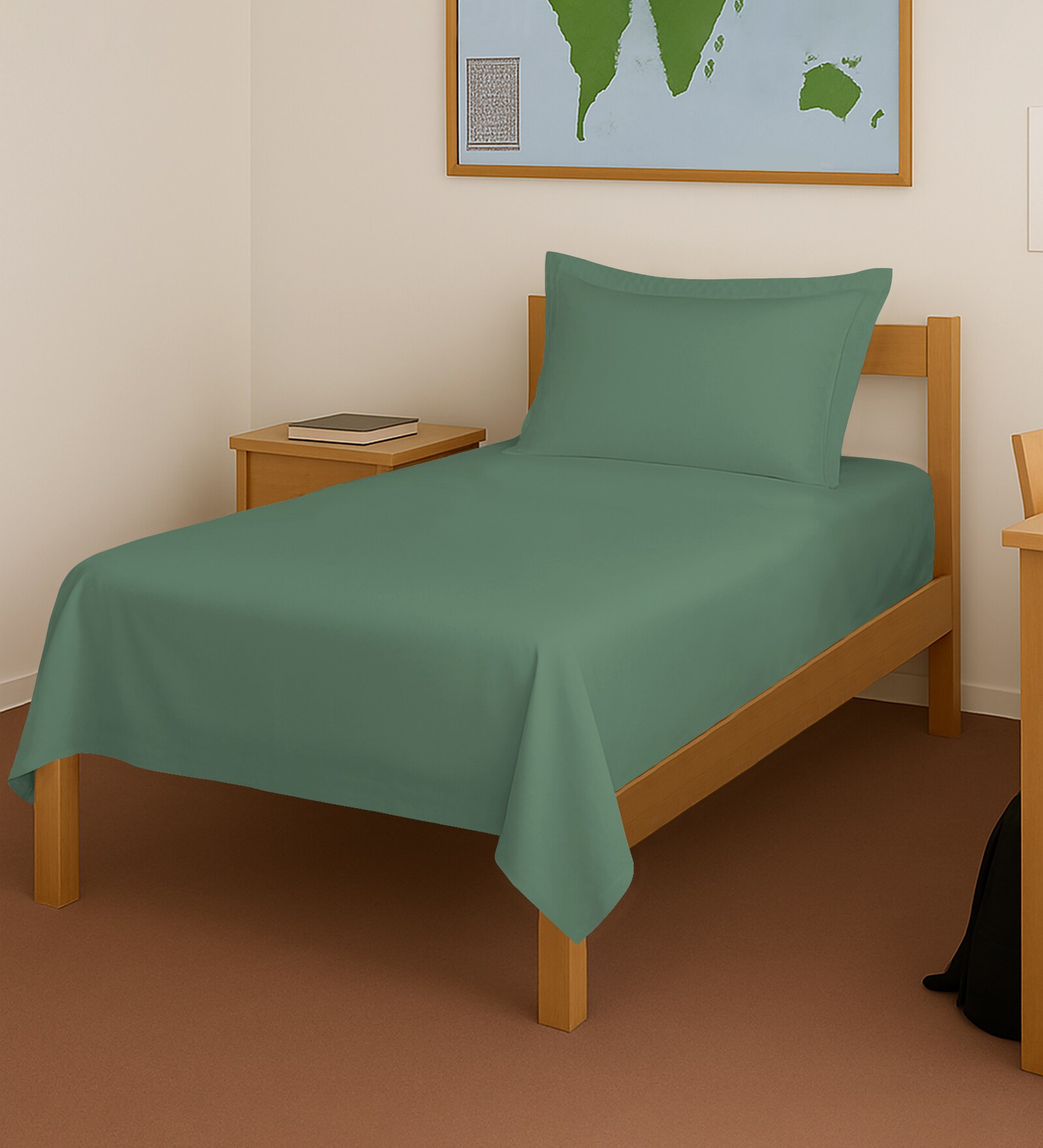 Hedge Green Solid 400 TC Cotton Single Sized Bedsheet with 1 Pillow Cover