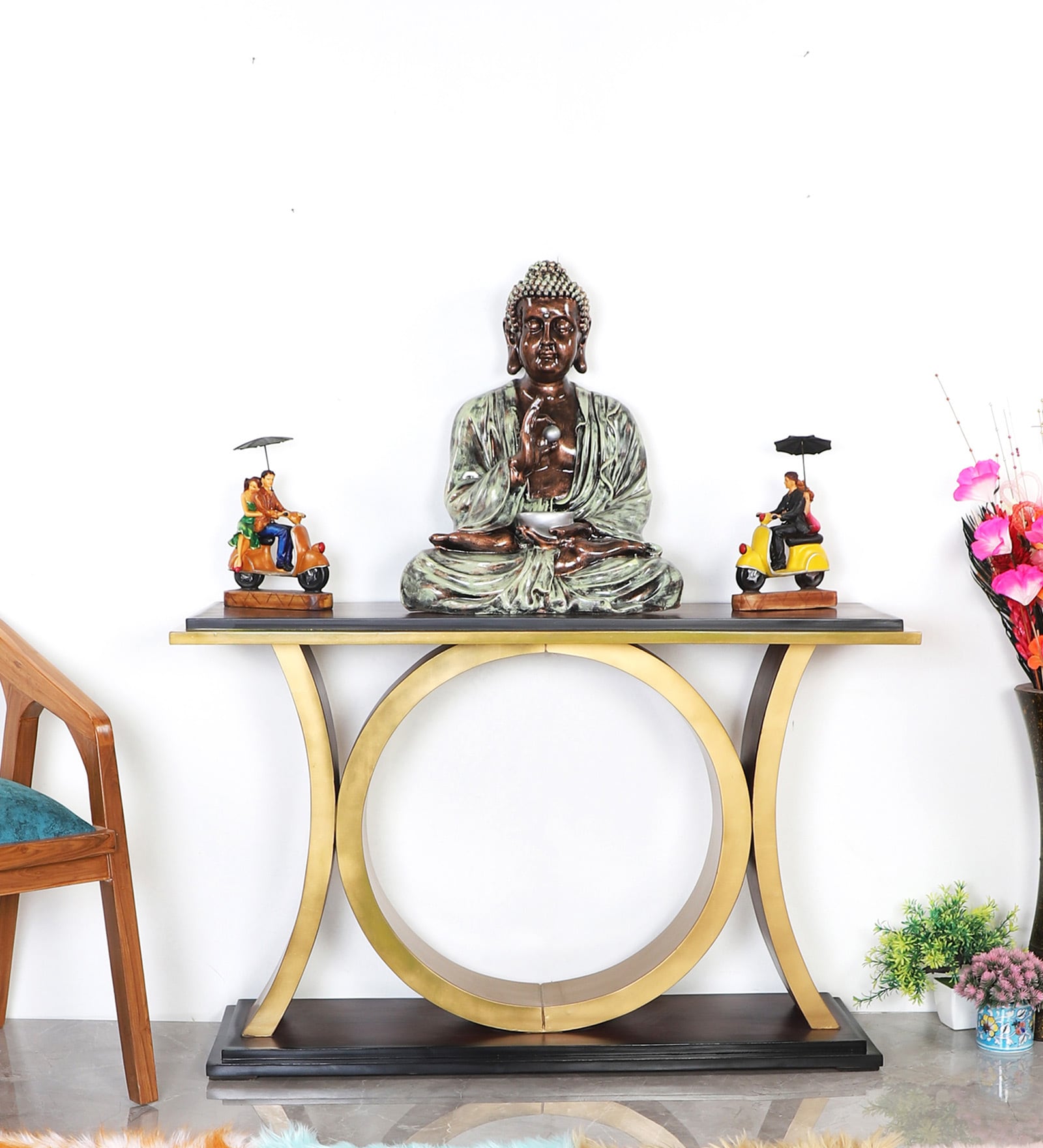 Hele Solid Wood Console Table in Black Gold Finish