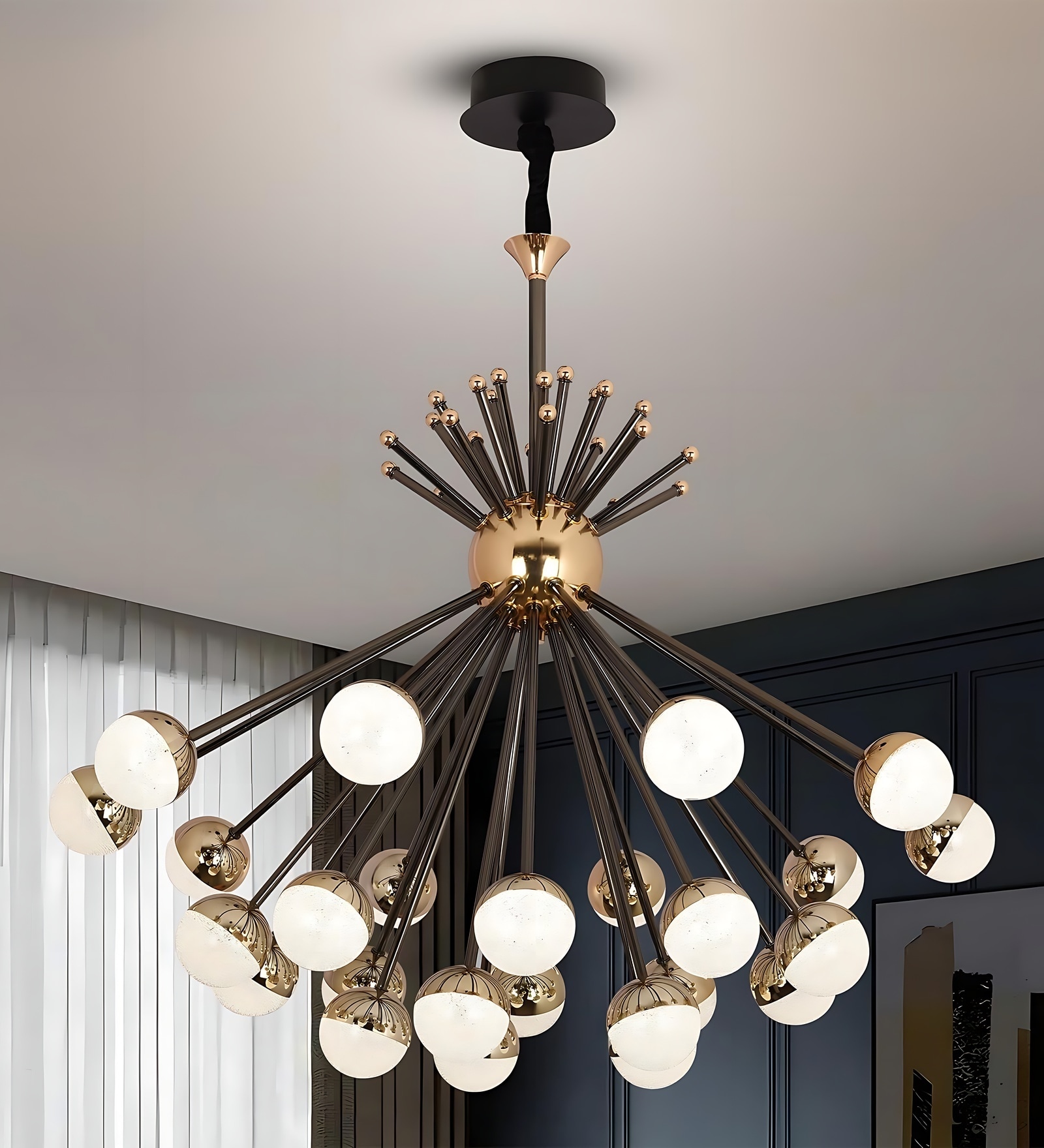 Helio Modern Crystal LED Chandelier, Smart Chandelier Lights for Living Room, Alexa & Google Compatible, Starburst Black & Gold Pendant Light for Bedroom, Hall & Office Ceiling