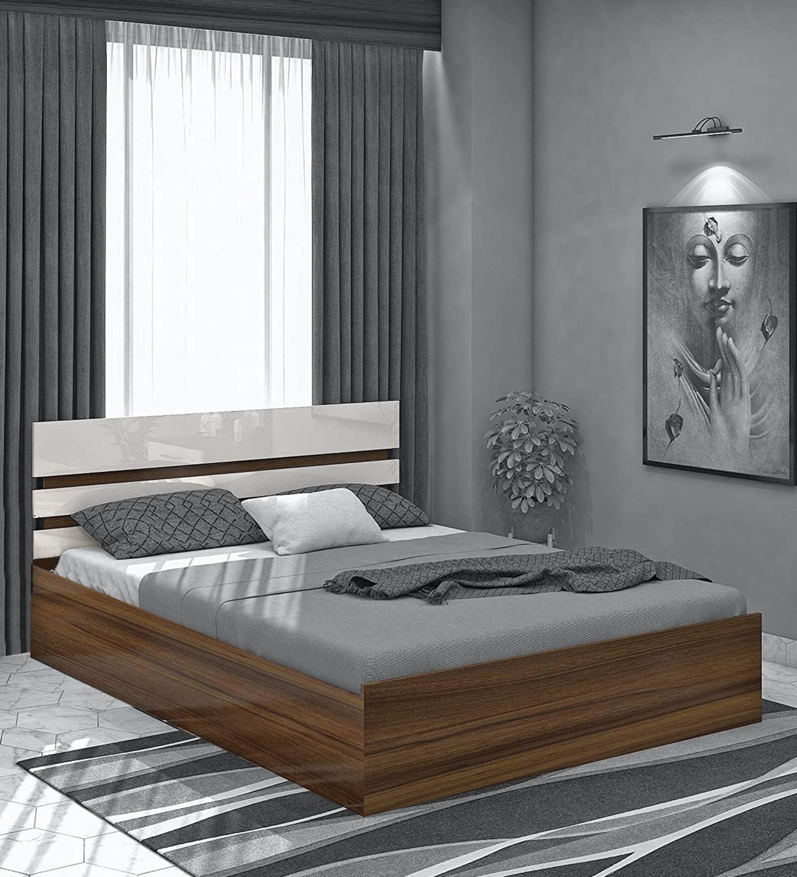 Buy Achillis Queen Size Bed with Hydraulic Storage in Asian Walnut & White Finish by Klaxon