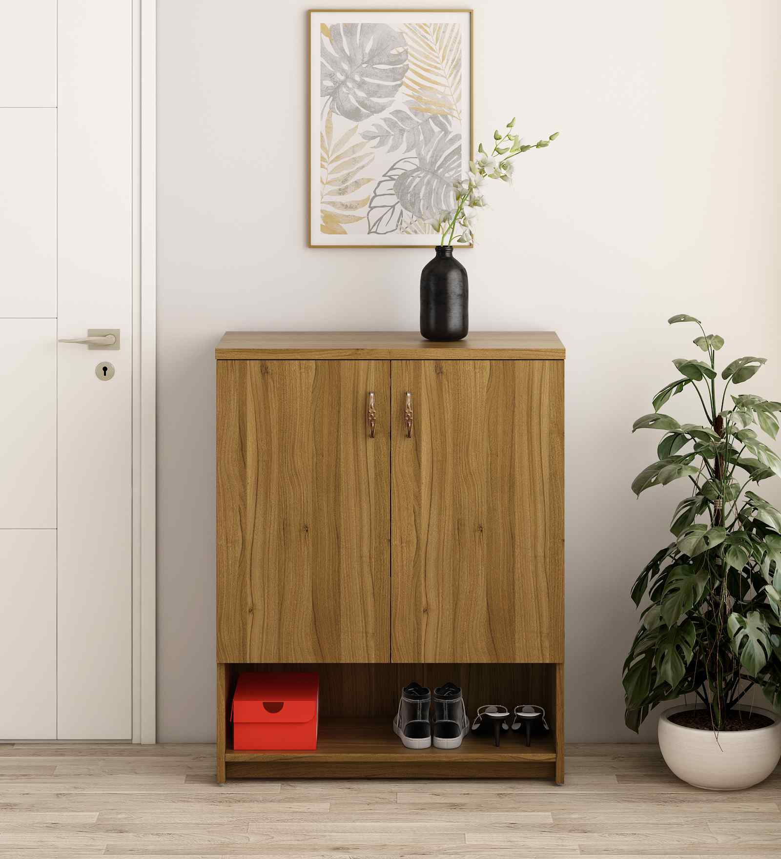 Henary 2 Door Shoe Cabinet In Natural Teak & Melamine Finish