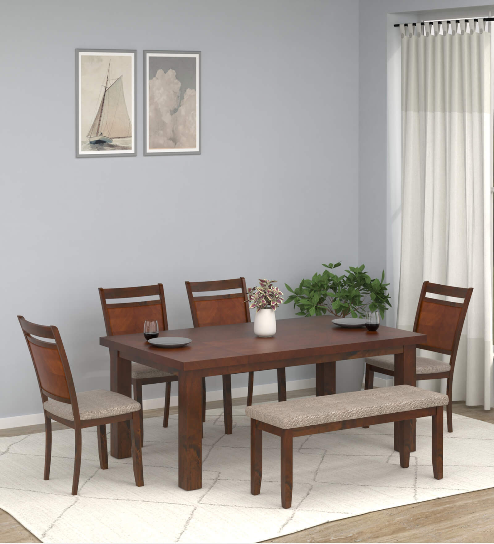 Henry 6 Seater Dining Set with Bench in Antique Oak Finish