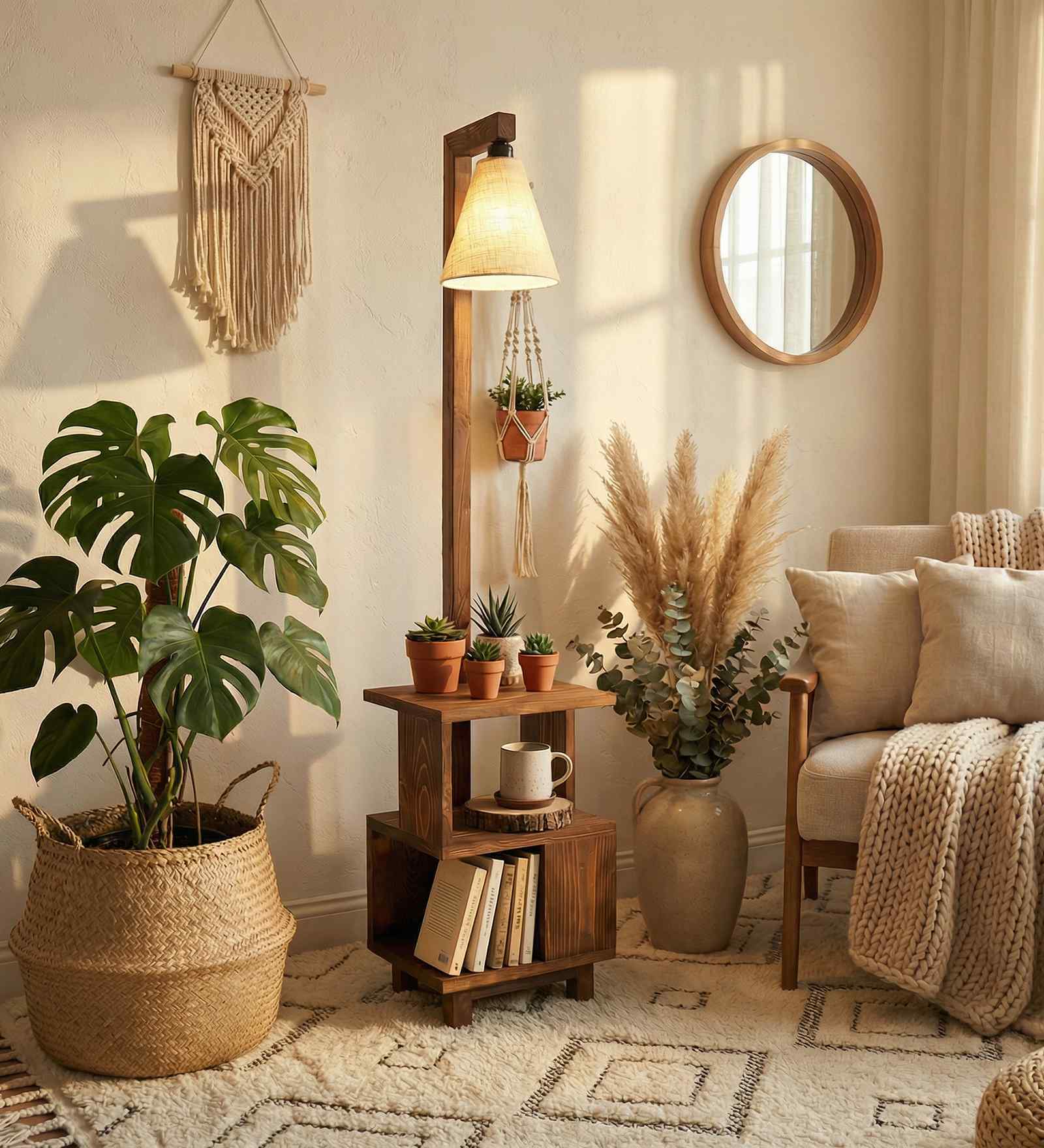 Henry Wooden Shelf Floor Lamp with Wooden Shade & Brown Base