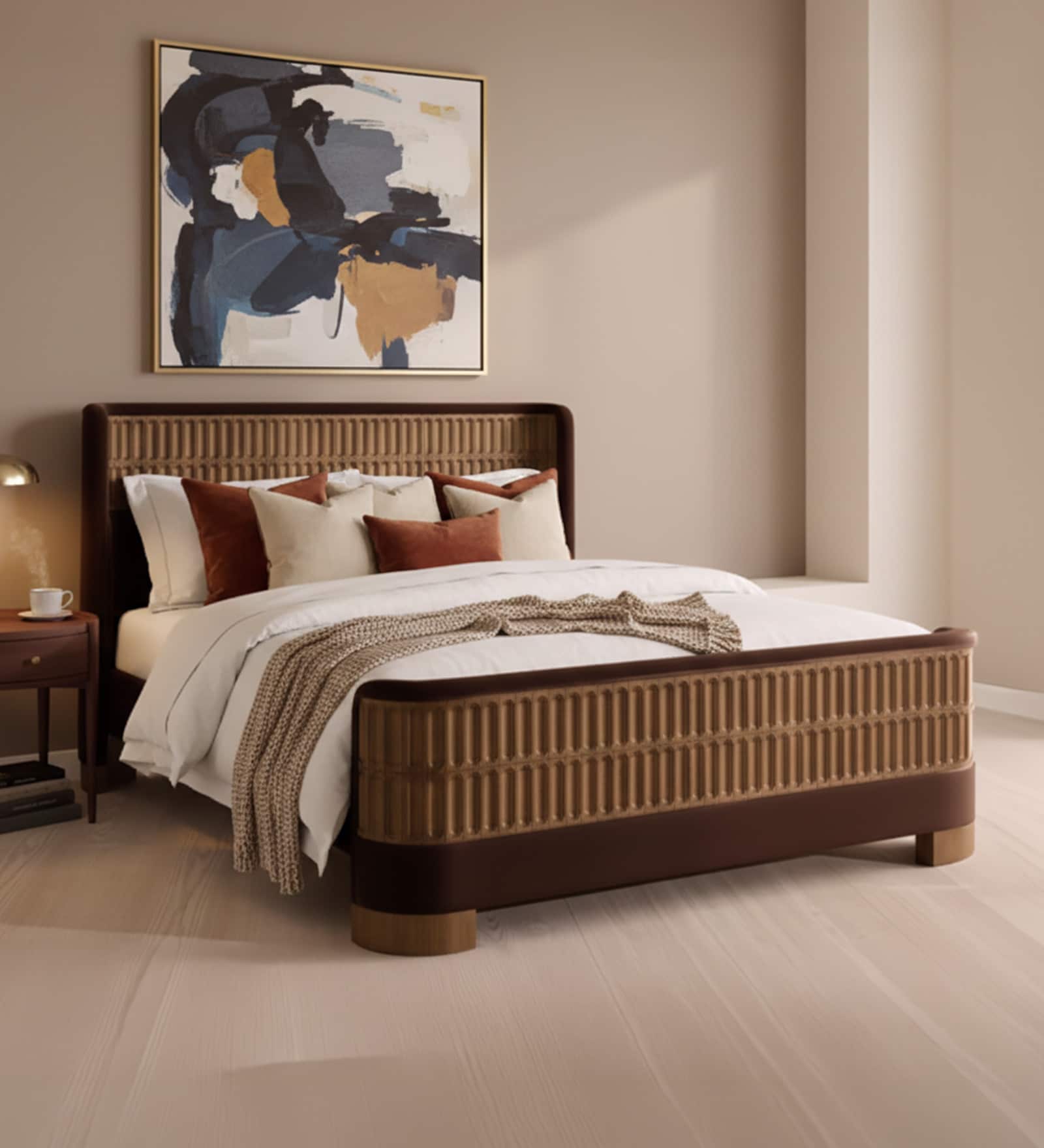 Heritage Cane Upholstered Bed in Linen With Oak wood Frame