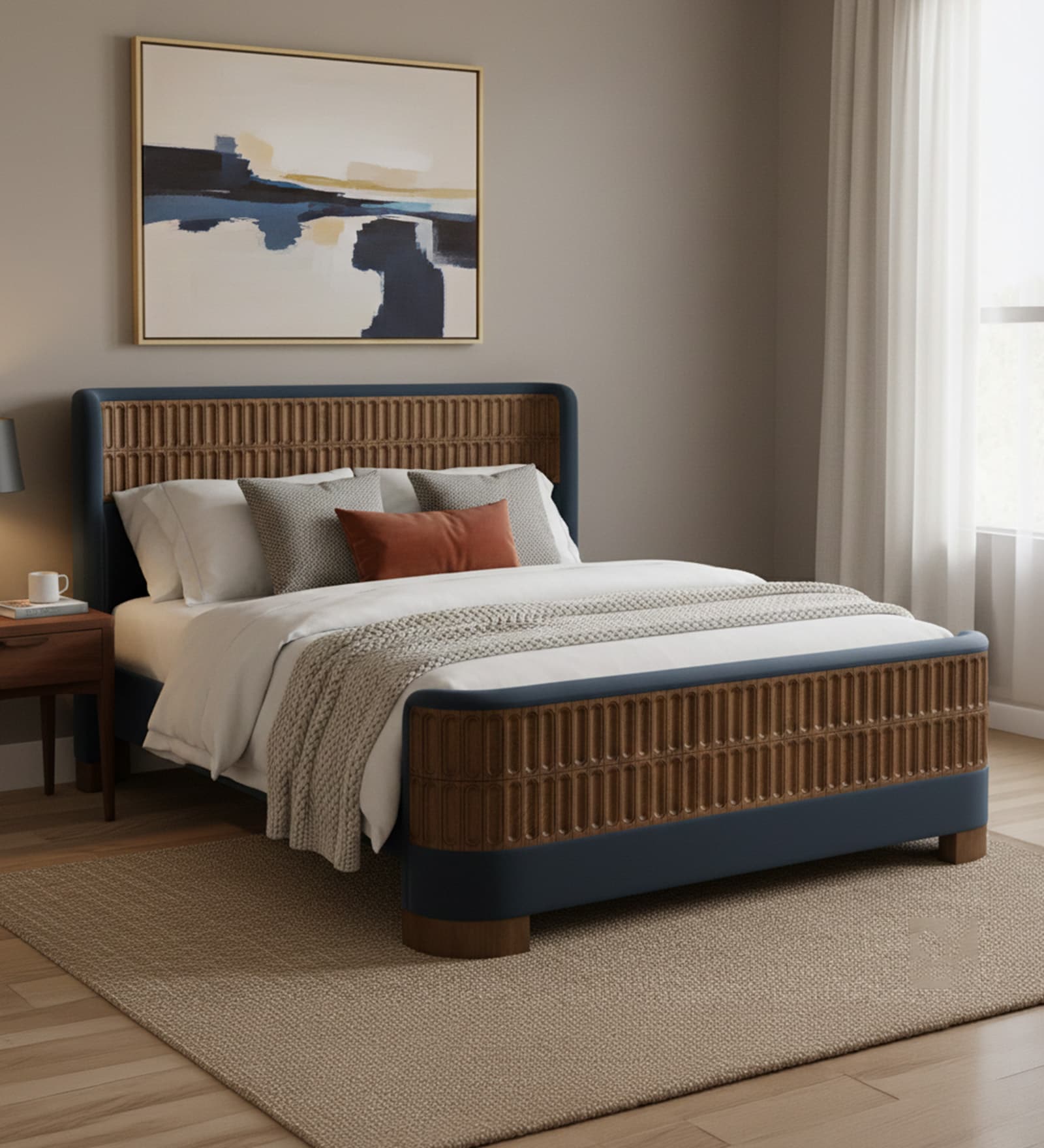 Heritage Cane Upholstered Queen Size Bed in Linen With Oak wood Frame