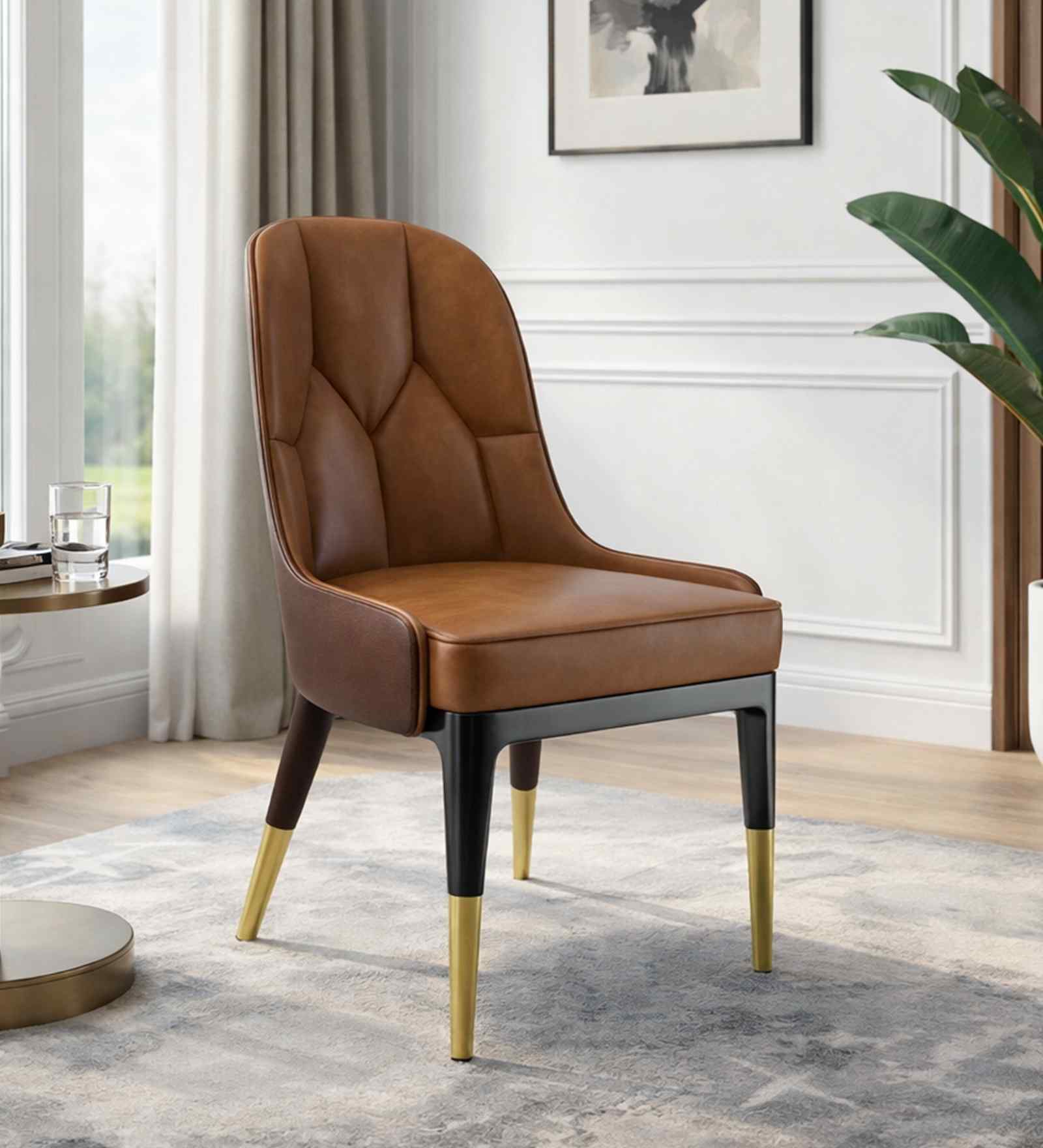 Herno Leatherette Dining Chair In Tan And Grey Color