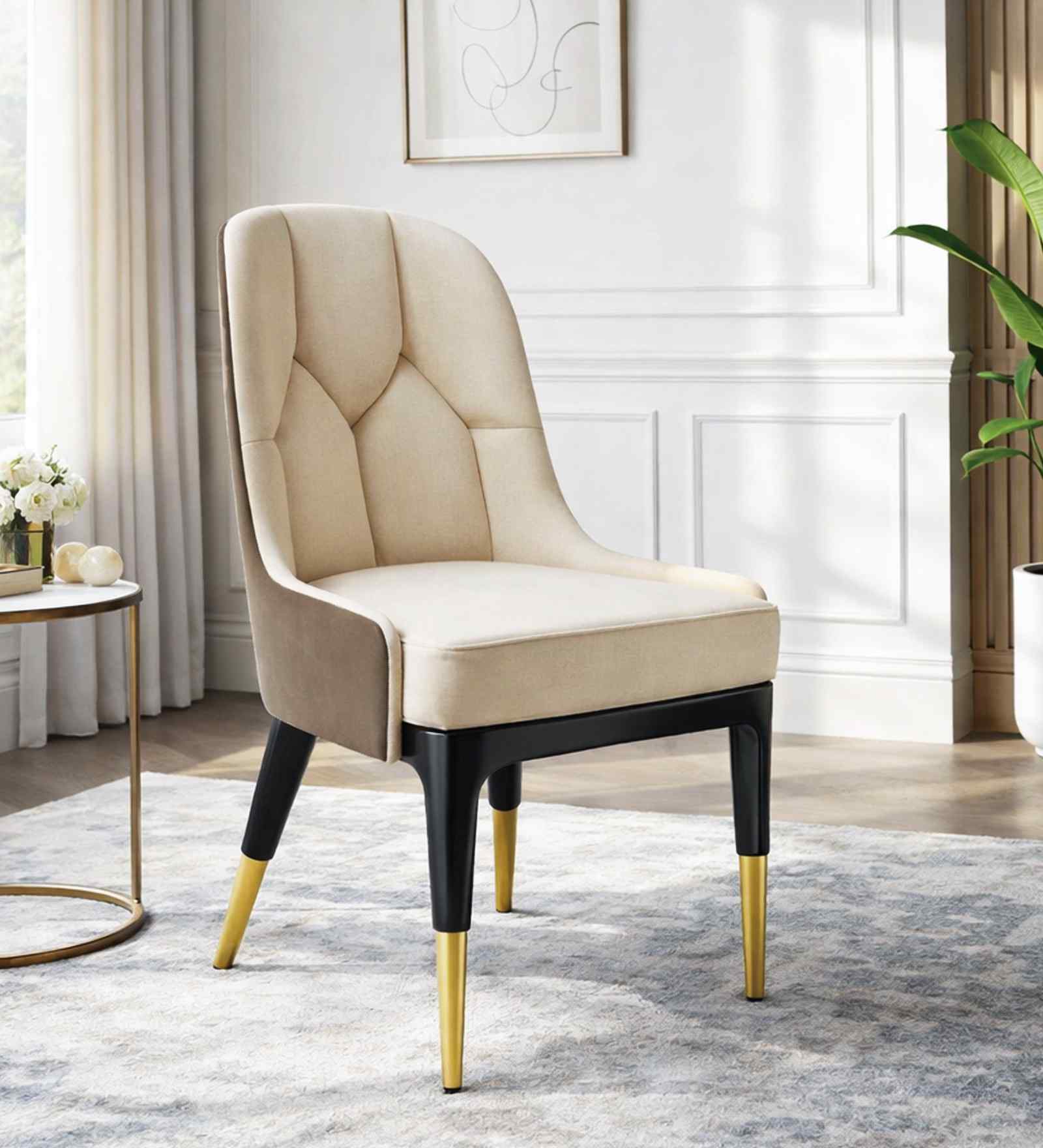 Herno Leatherette Dining Chair In Tan And Off White Color