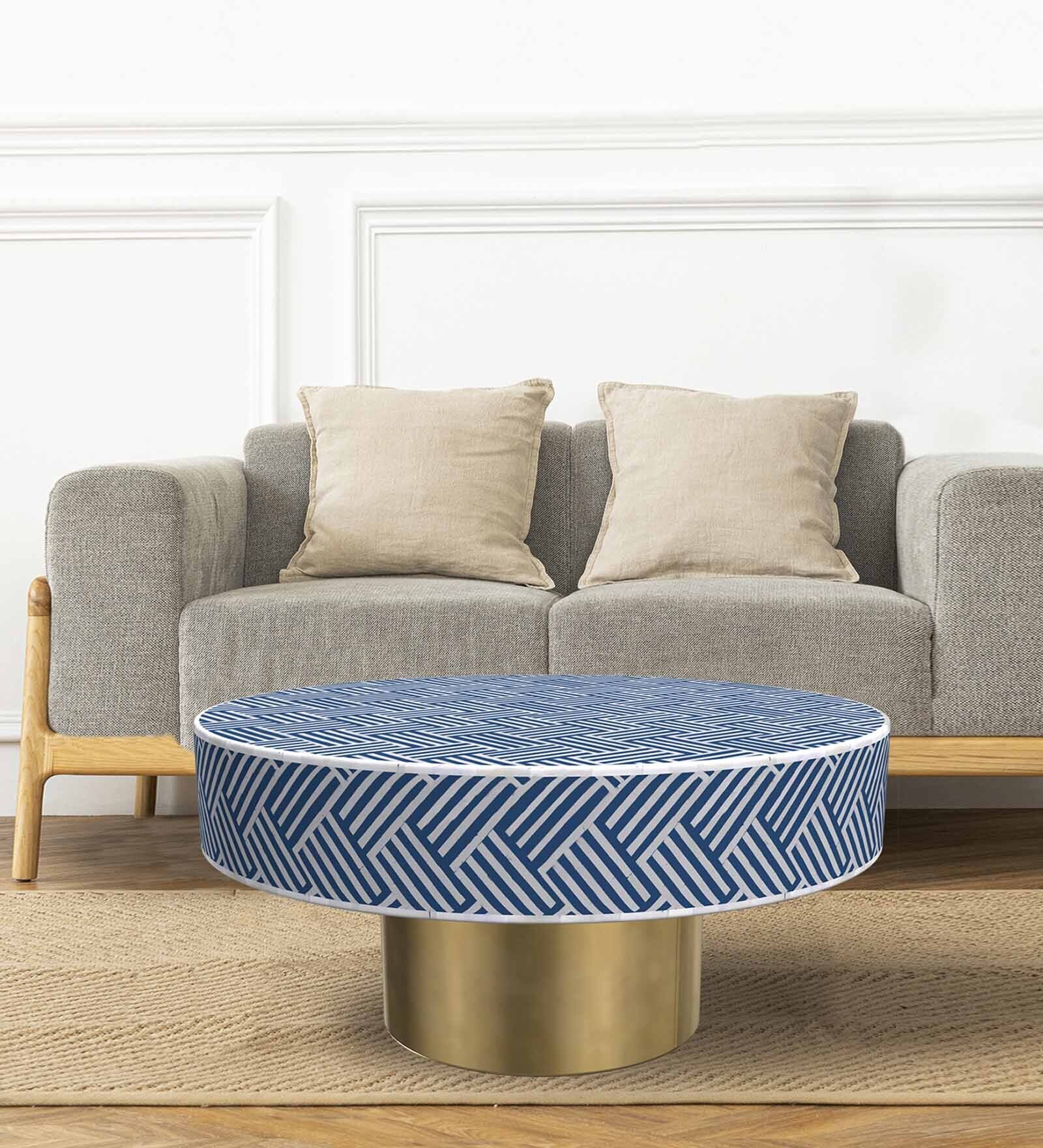 Herringbone Bone Inlay Coffee Table in Indigo & Gold Finish