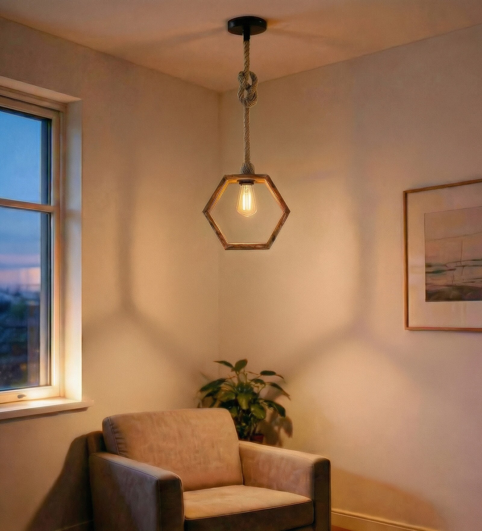 Hex Brown Solid Wood Single Hanging Light
