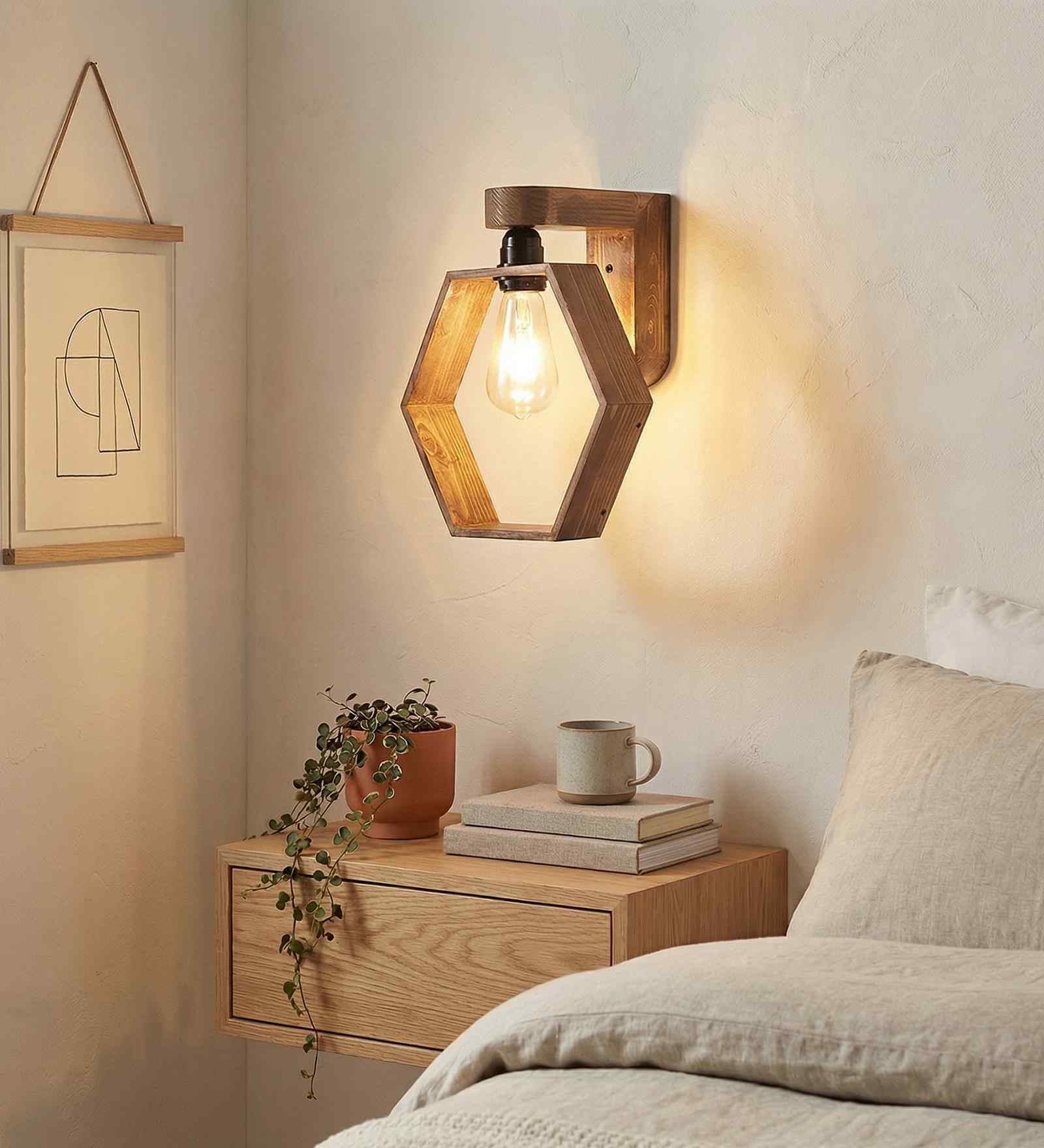 Hex Wooden Novelty Wall Light (Natural Wood)