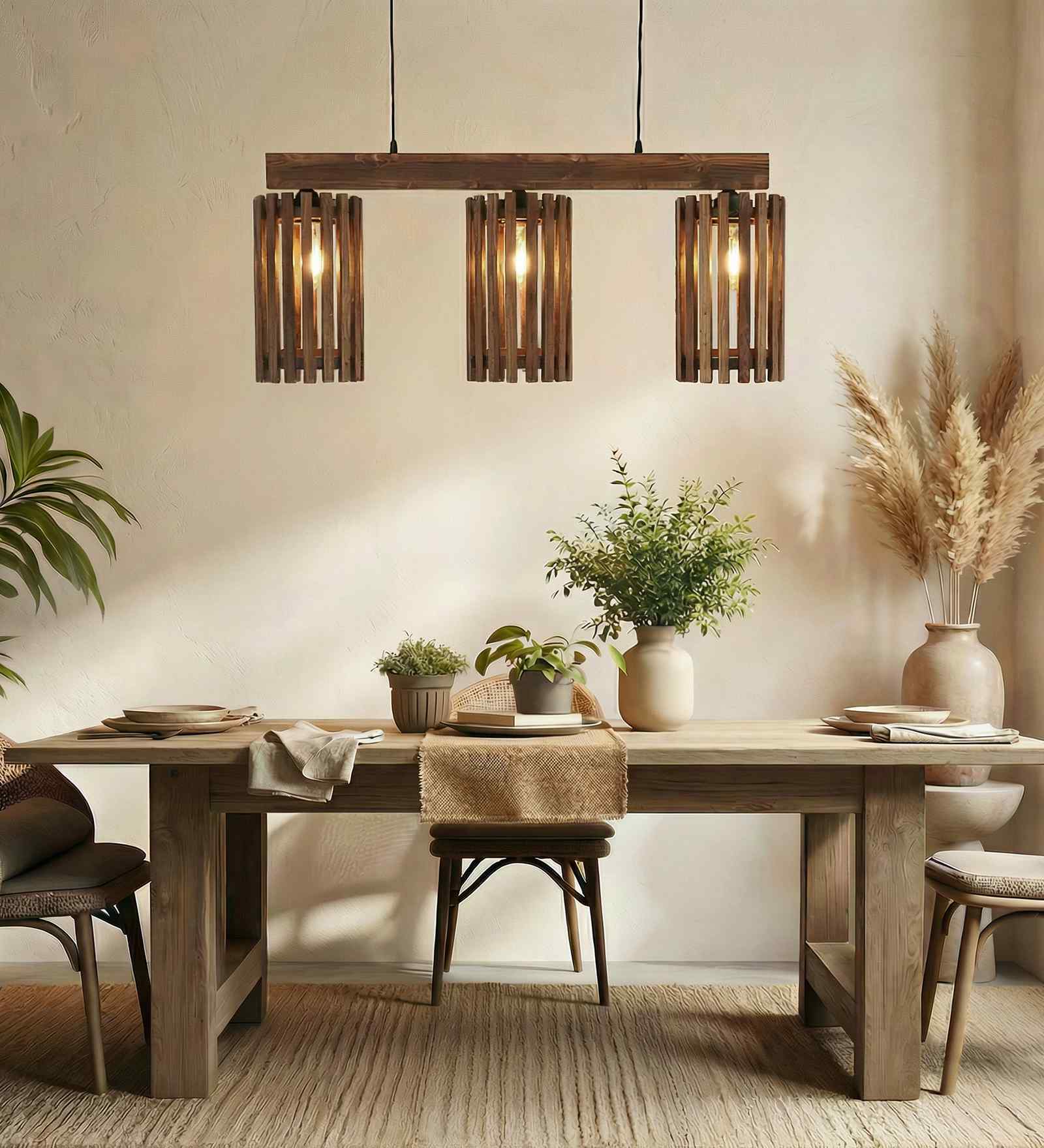 Hexa 3 Lights Brown Solid Wood Linear Chandelier Cluster Hanging Light