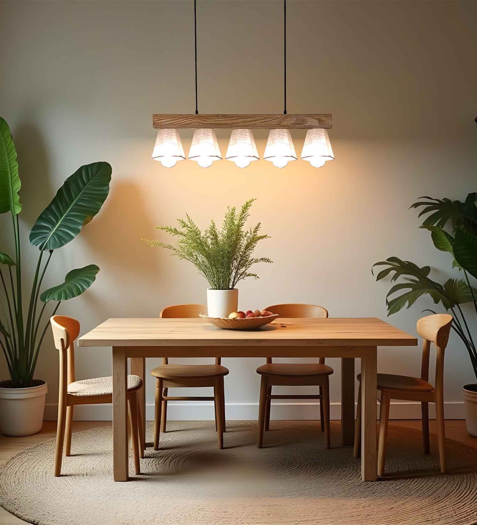 Hexa 5 Lights Brown Pinewood Linear Chandelier Cluster Hanging Light with Jute Fabric Shade