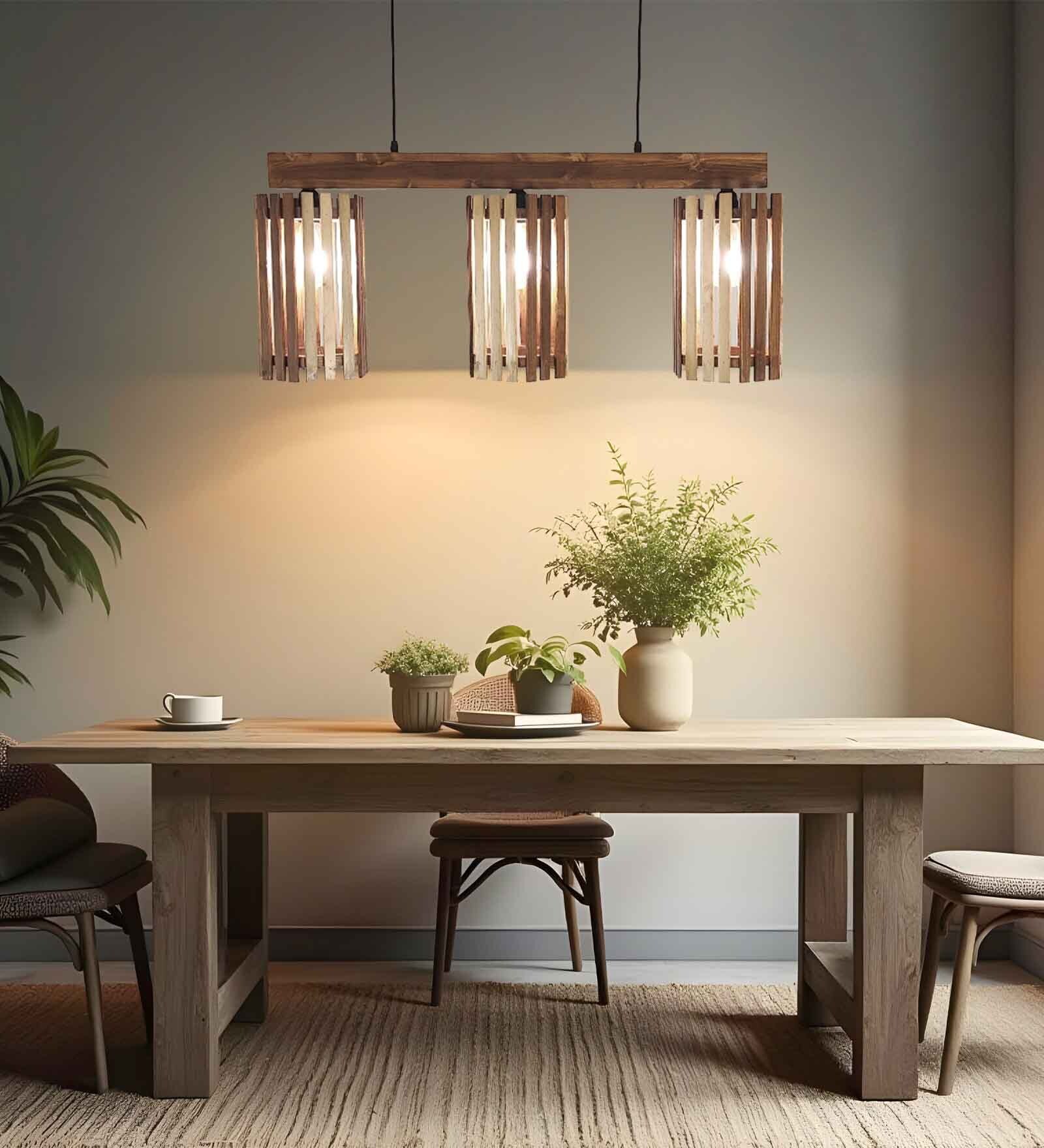 Hexa 3 Lights Brown Solid Wood Linear Chandelier Cluster Hanging Light