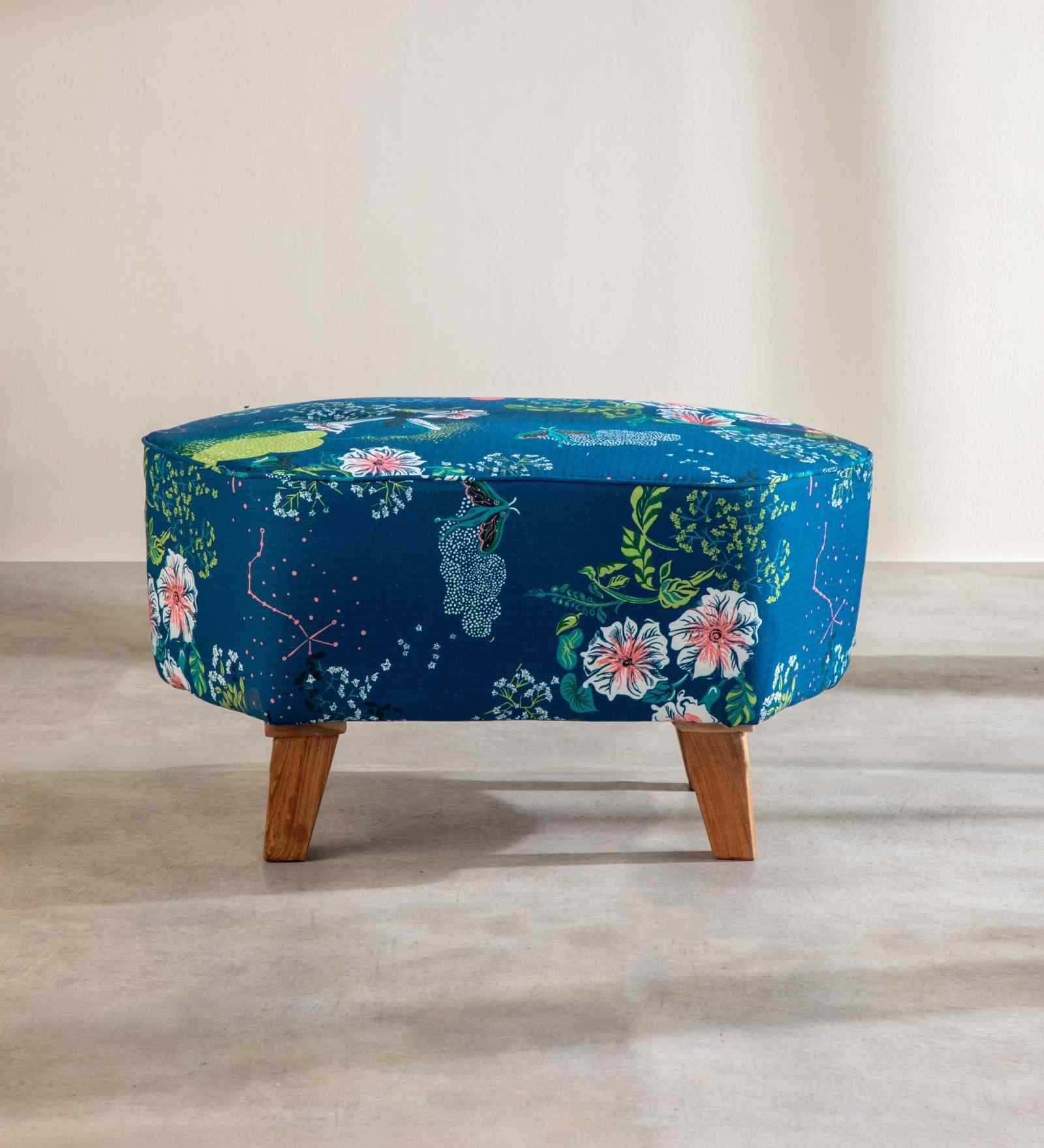 Hexa Acacia Wood Pouffe in Blue Fabric