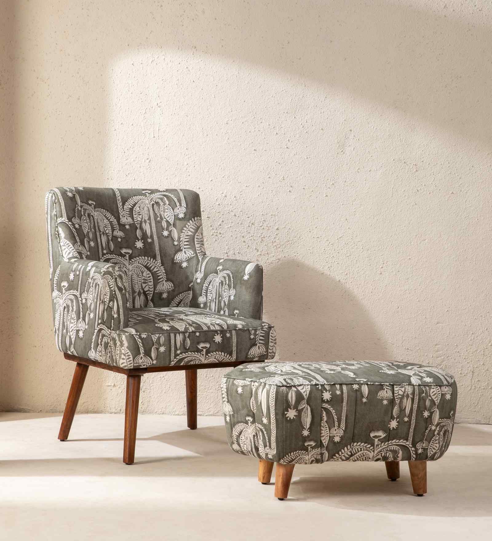 Hexa Acacia Wood Pouffe in Dark Grey Printed Fabric Hexa Acacia Wood Pouffe in Dark Grey Printed Fabric