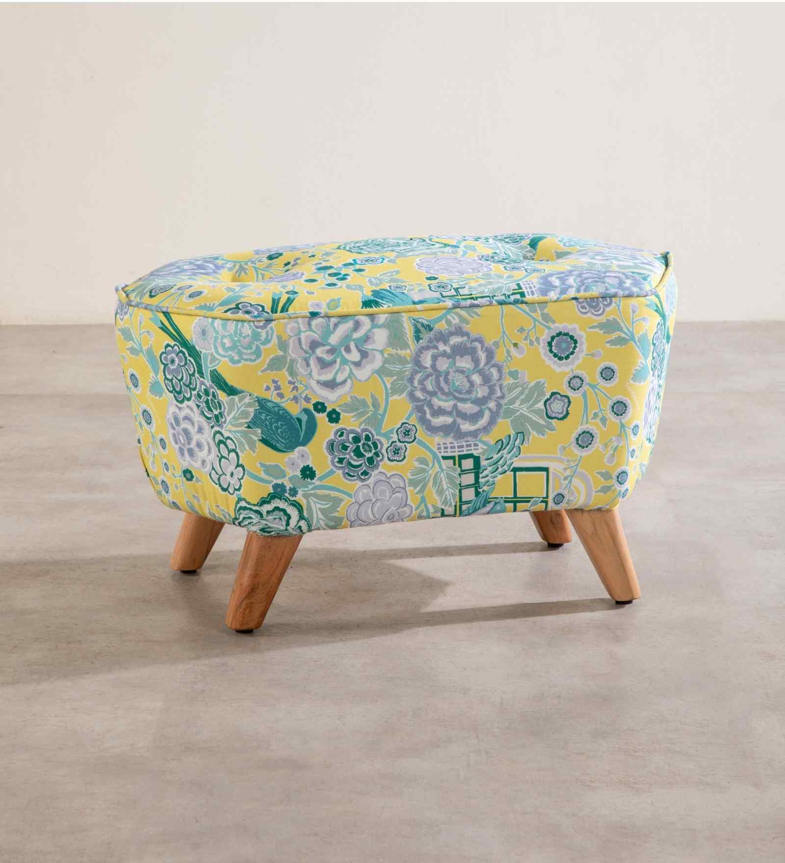 Hexa Acacia Wood Pouffe in Yellow Fabric Hexa Acacia Wood Pouffe in Yellow Fabric