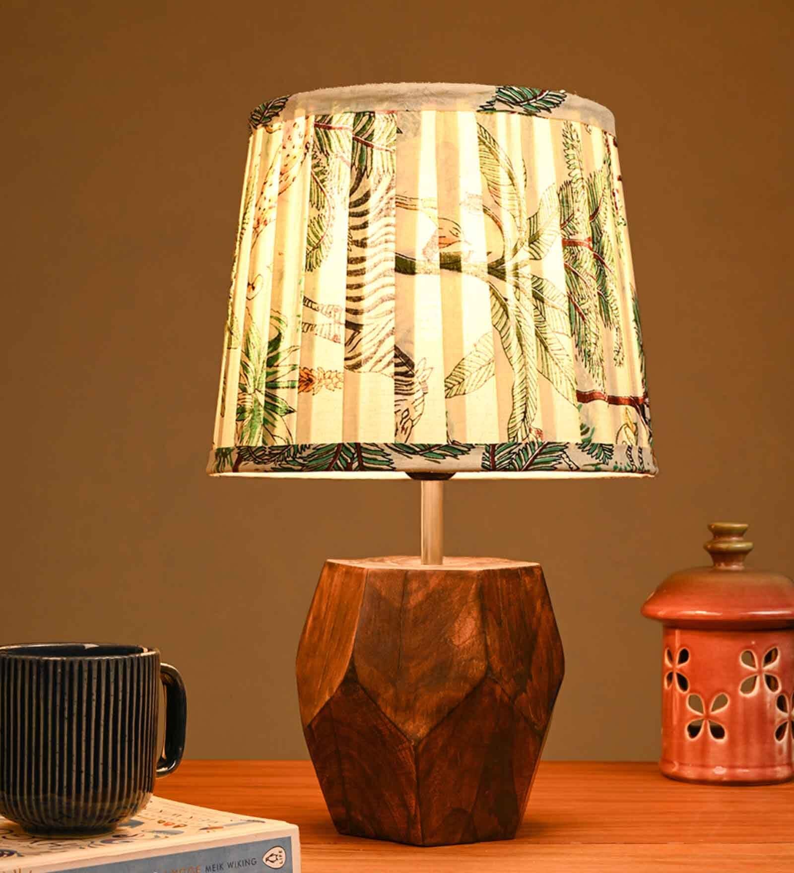Hexa Wooden Lamp with Pleeted Multicolor Green Shade Hexa Wooden Lamp with Pleeted Multicolor Green Shade