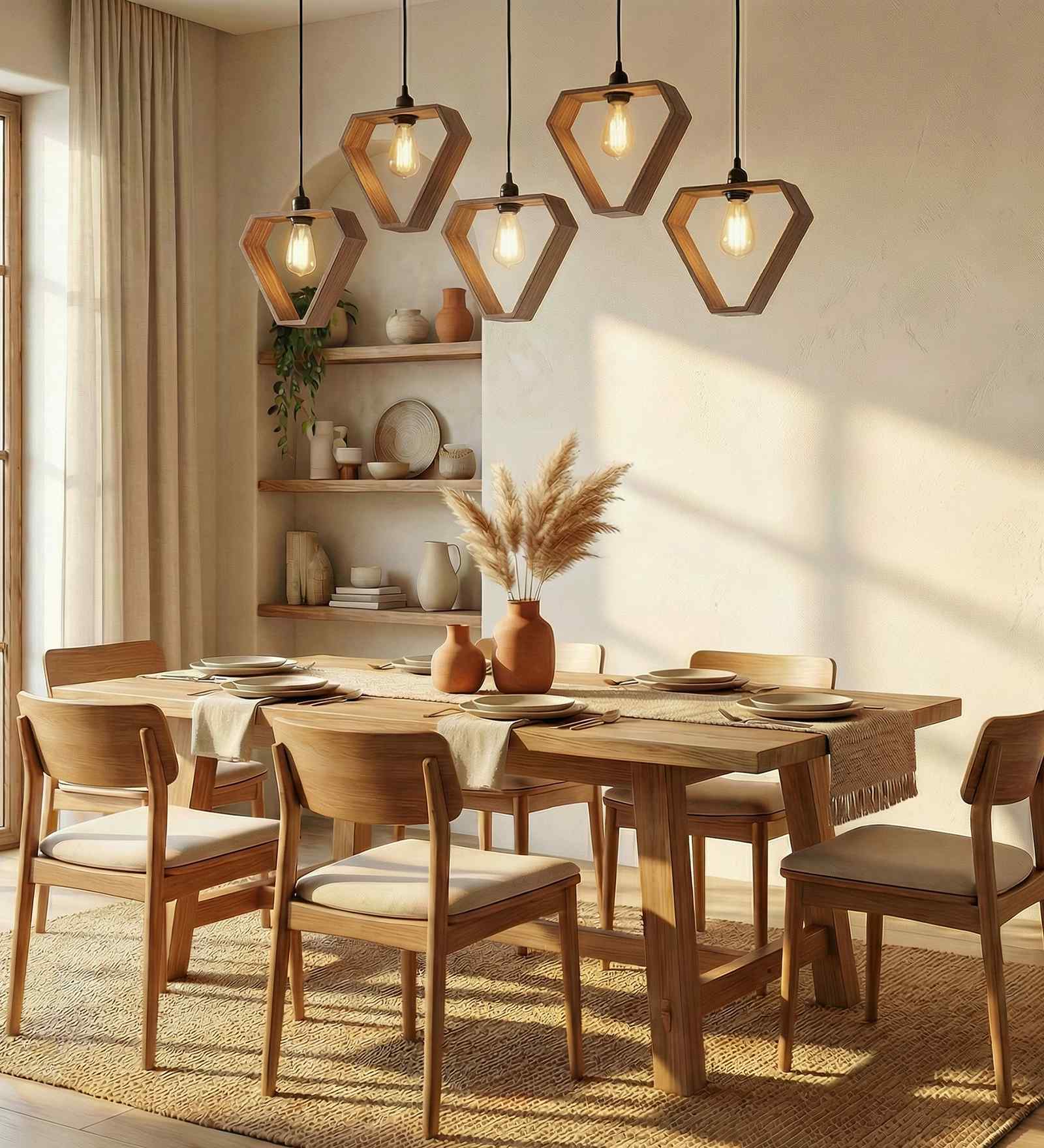 Hexad 5 Lights Brown Solid Wood Linear Chandelier Cluster Hanging Light