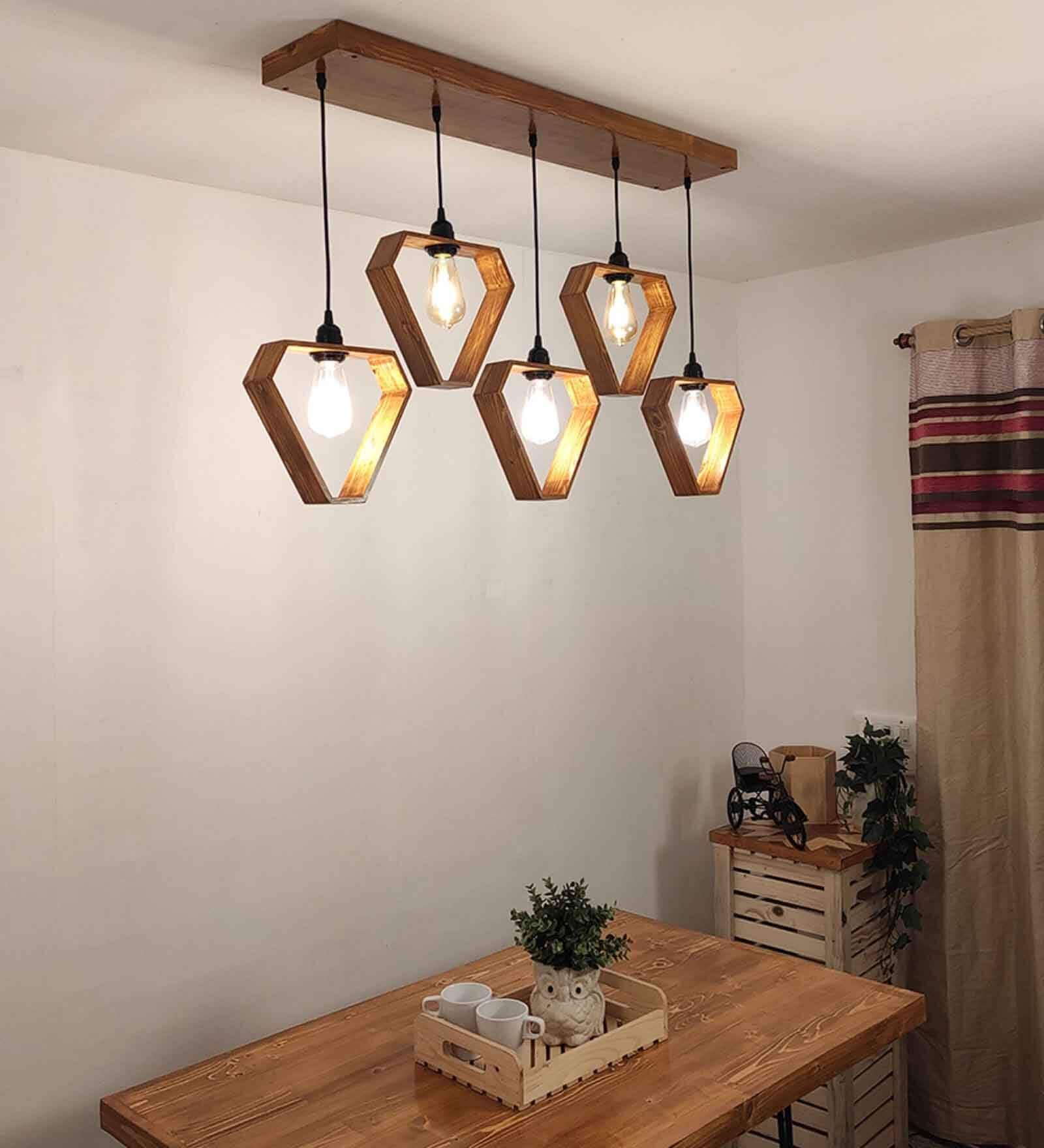Hexad 5 Lights Brown Solid Wood Linear Chandelier Cluster Hanging Light