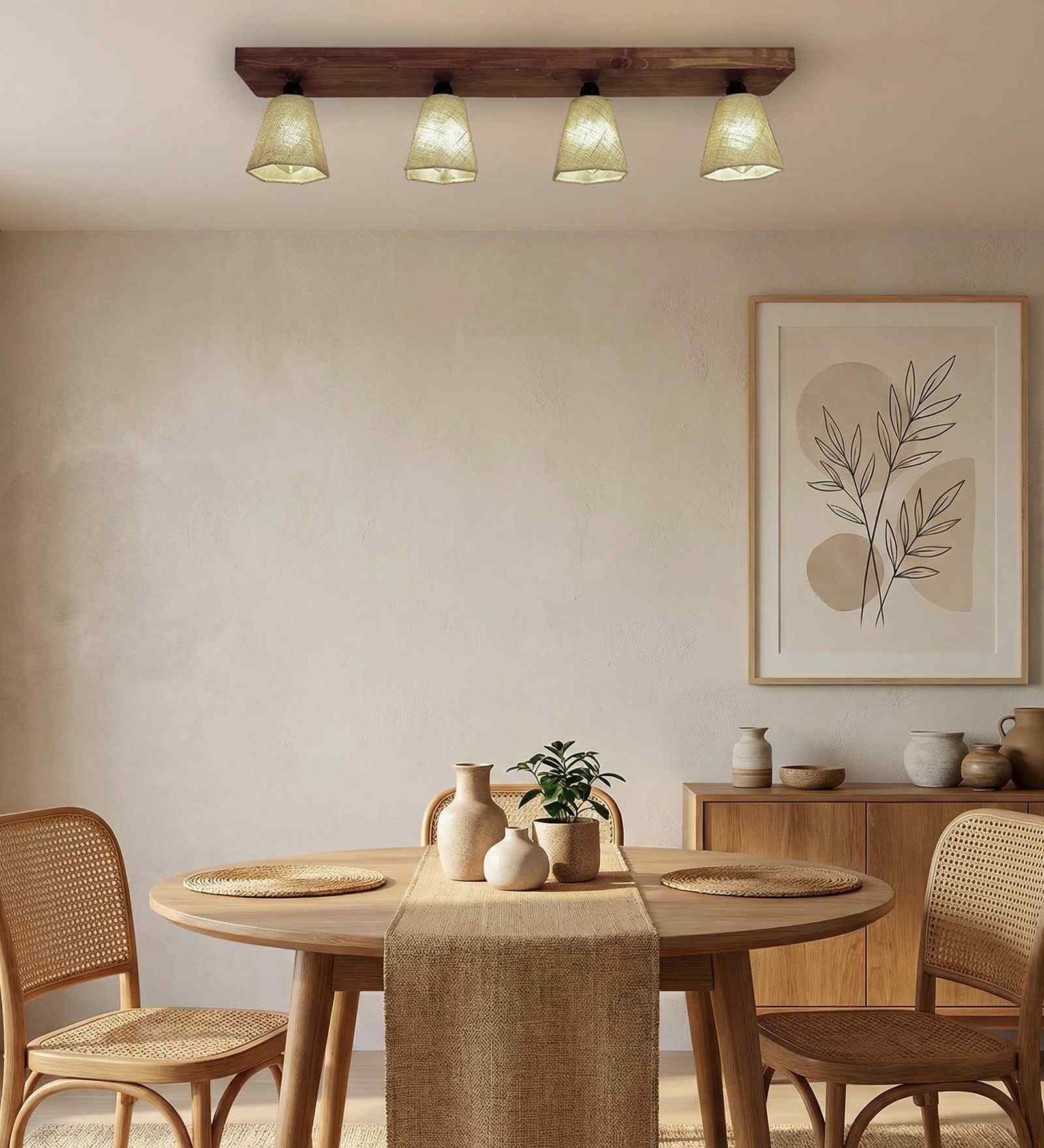 Hexagon 4 Lights Beige and Brown Solid Wood Flush Mounted Ceiling Light