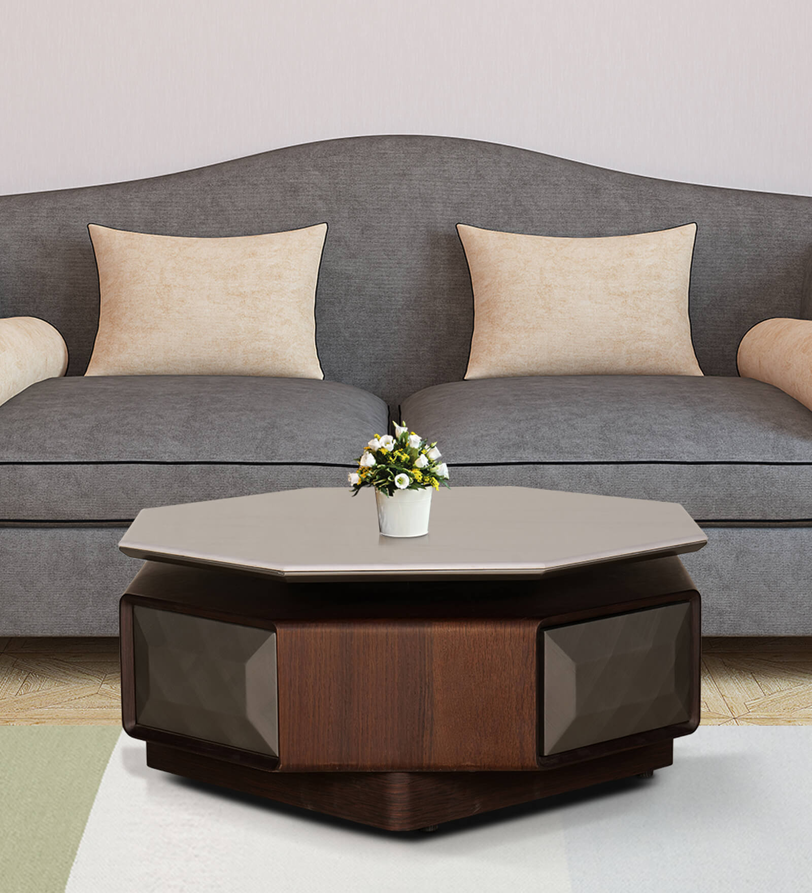 Buy Hexagon Rotating Marble Top Coffee Table In Walnut Finish with