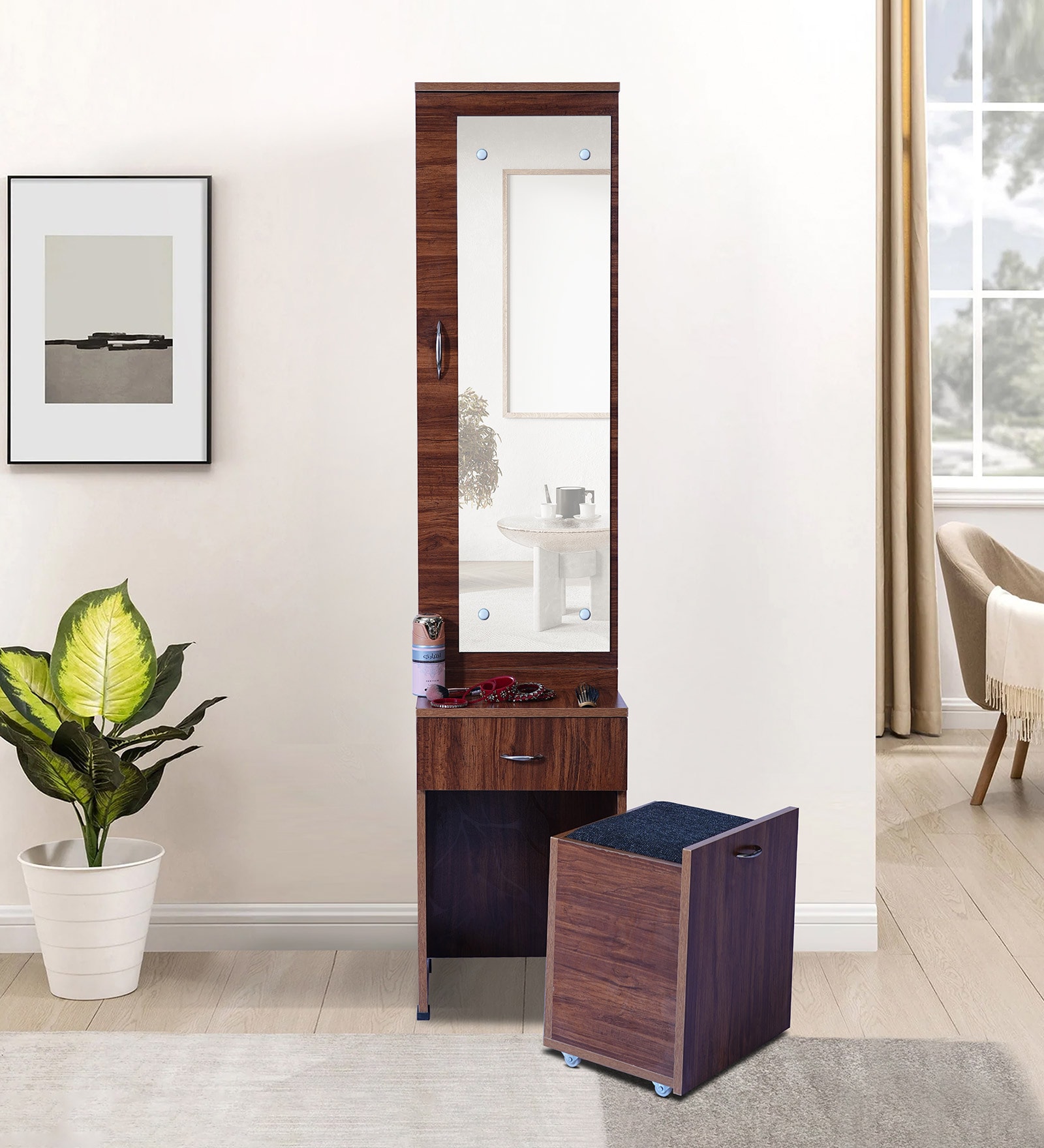 Hexagon Dresser In Tan Finish With Seating Stool Storage