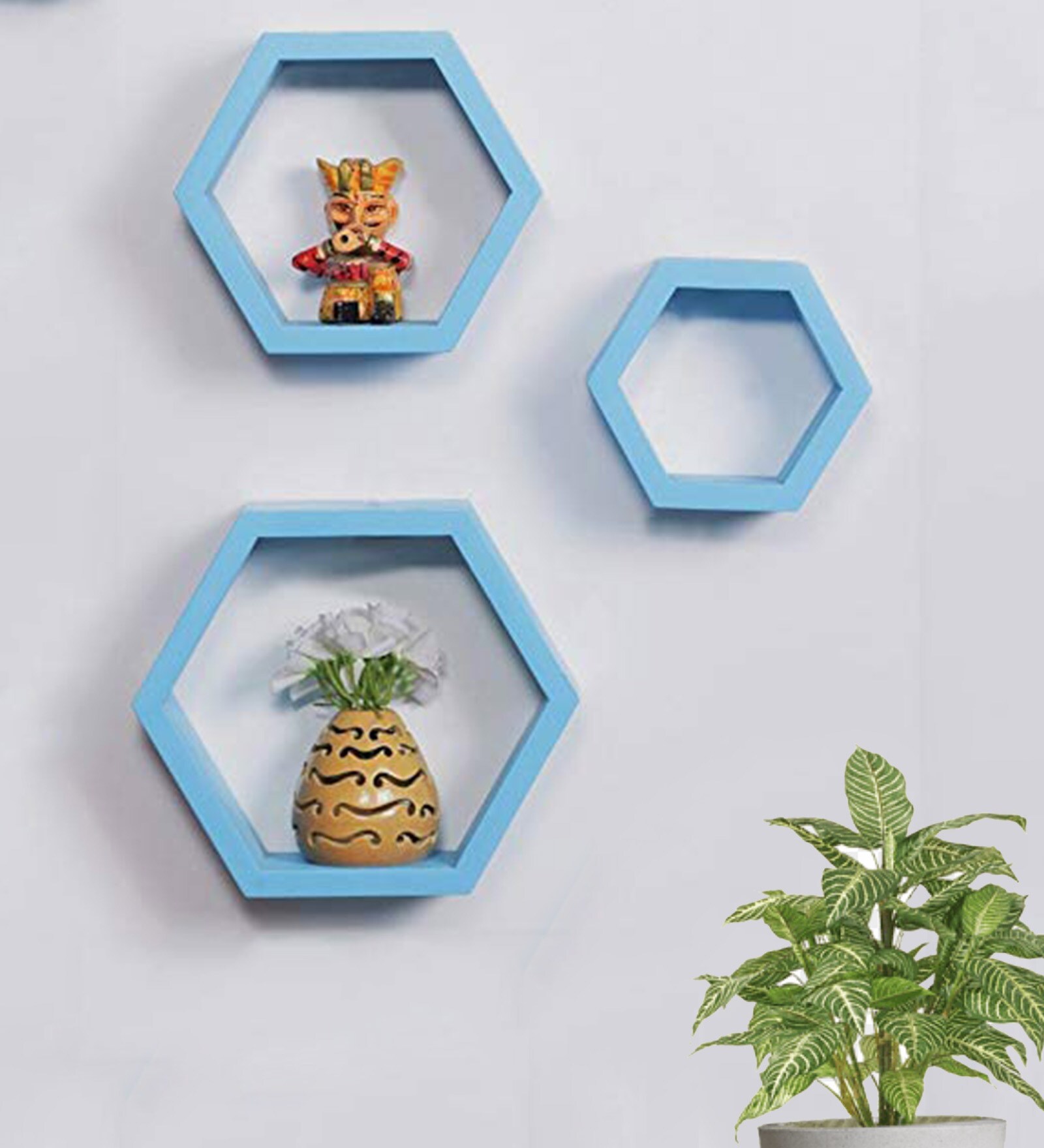 Hexagon Floating Wall Shelf Set of 3 in Sky Blue Colour