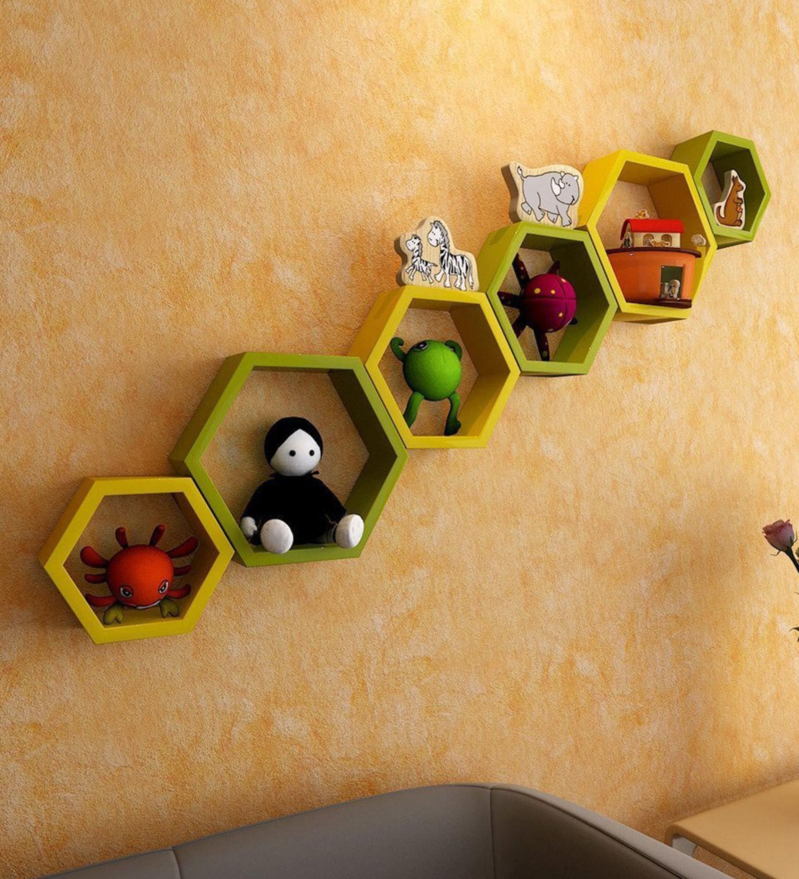 Hexagon Floating Wall Shelf Set of 6 in Green & Yellow Finish