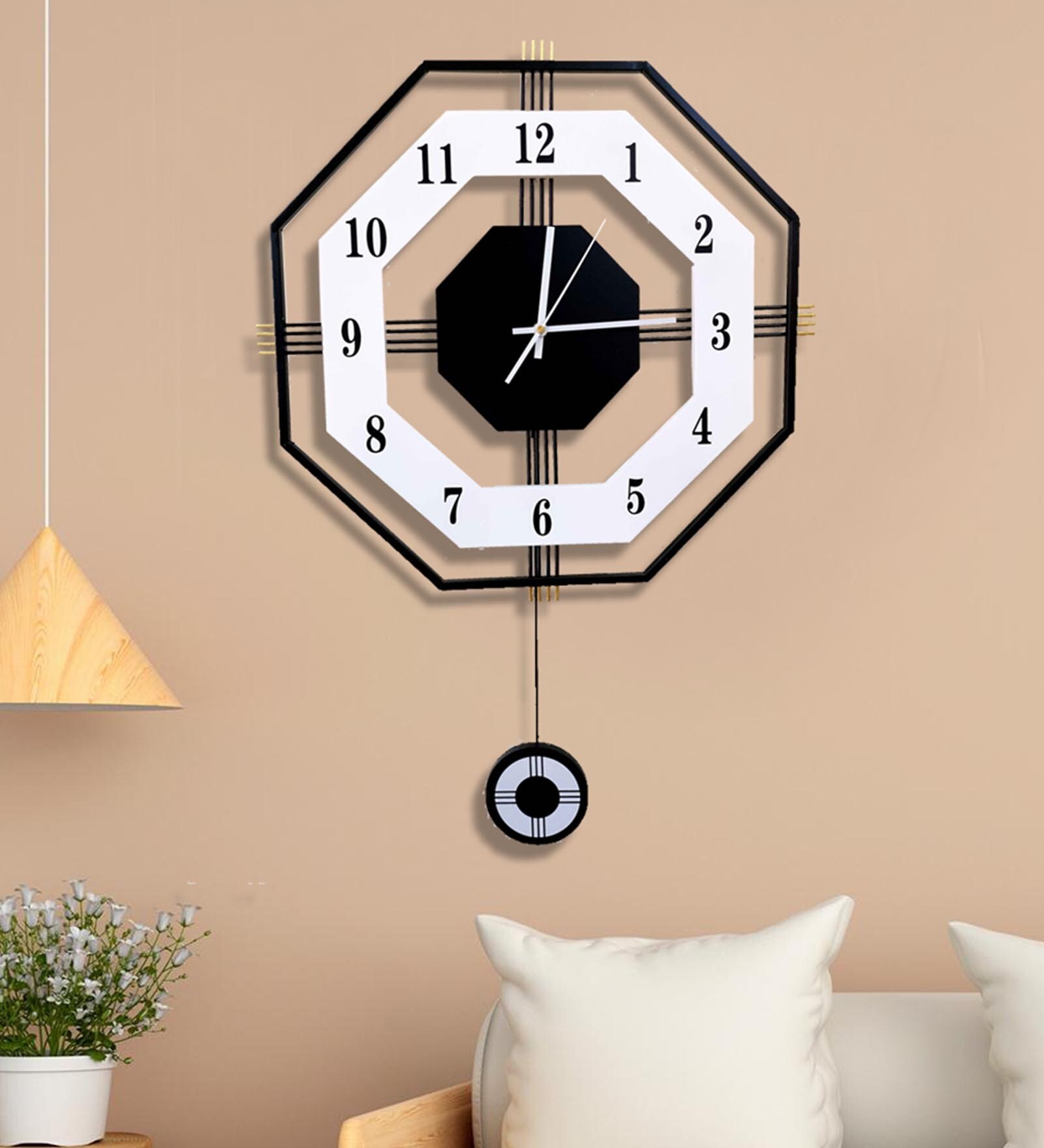 White Metal Hexagon Silent Pendulum Wall Clock