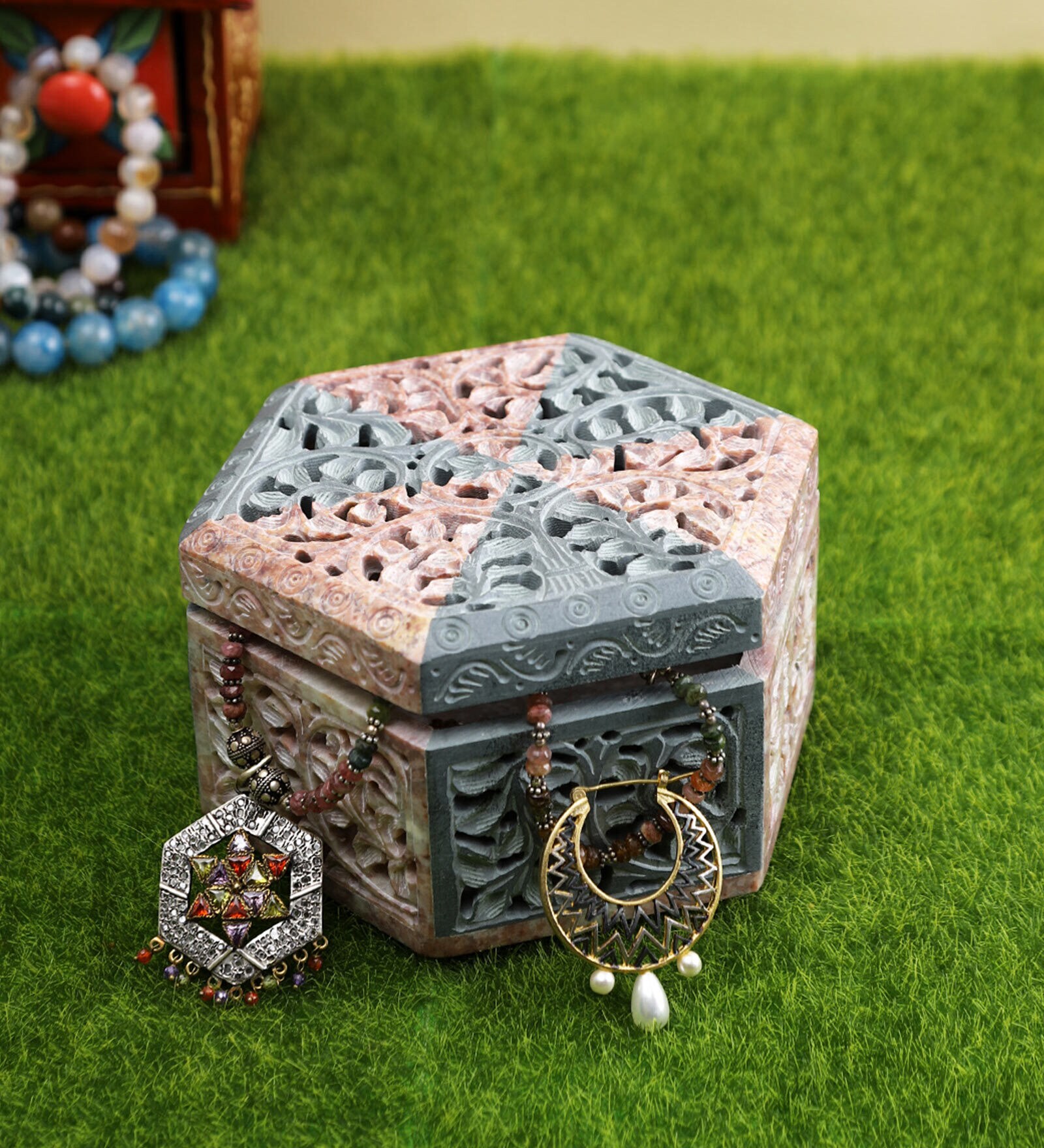 Multicolour Soapstone Hexagonal Decorative Jewellery Organiser