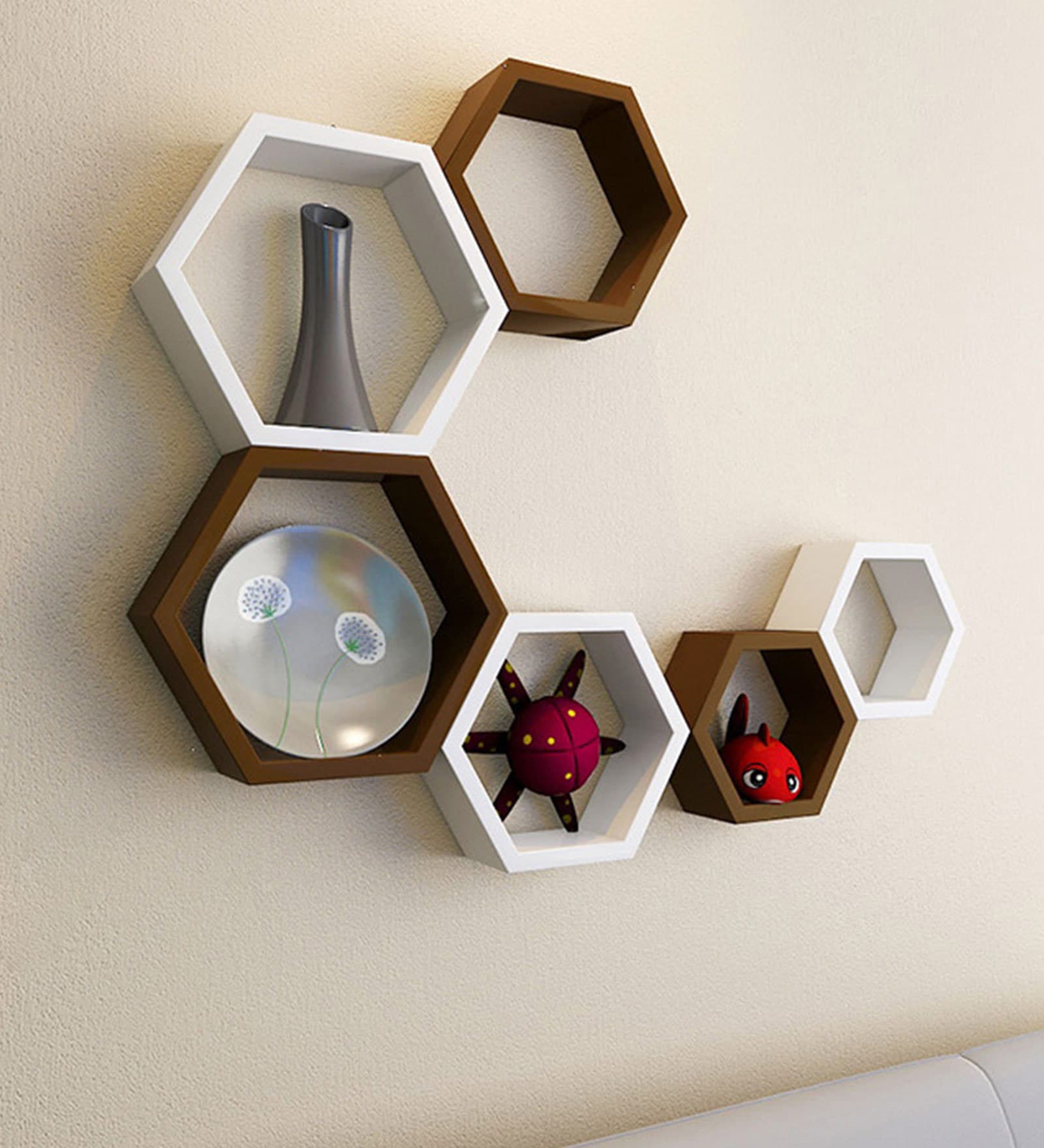 Buy Set of 6 Engineered Wood Hexagon Shape Wall Shelf in White & Brown ...