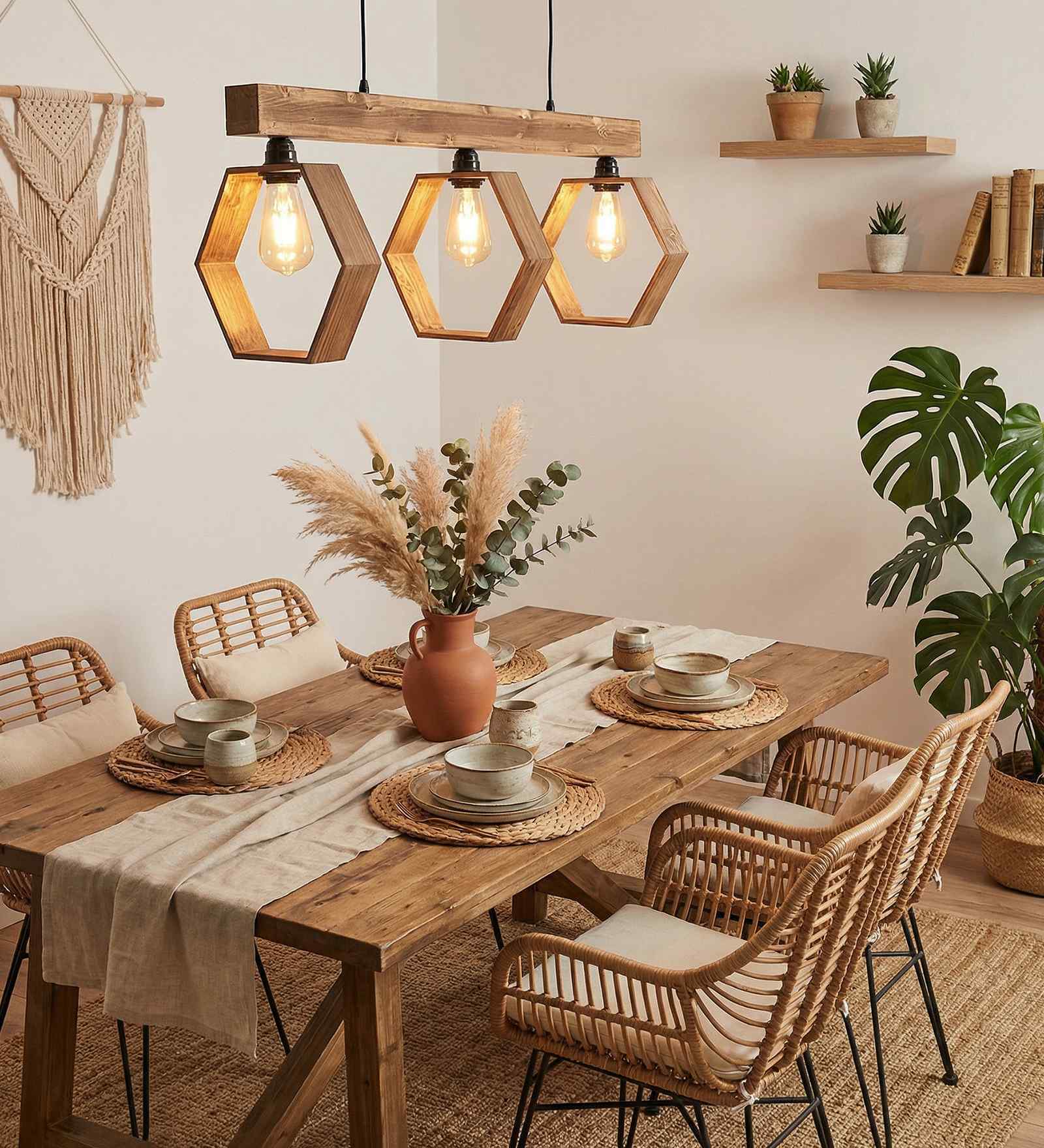 Hexagram 3 Lights Brown Solid Wood Linear Chandelier Cluster Hanging Light