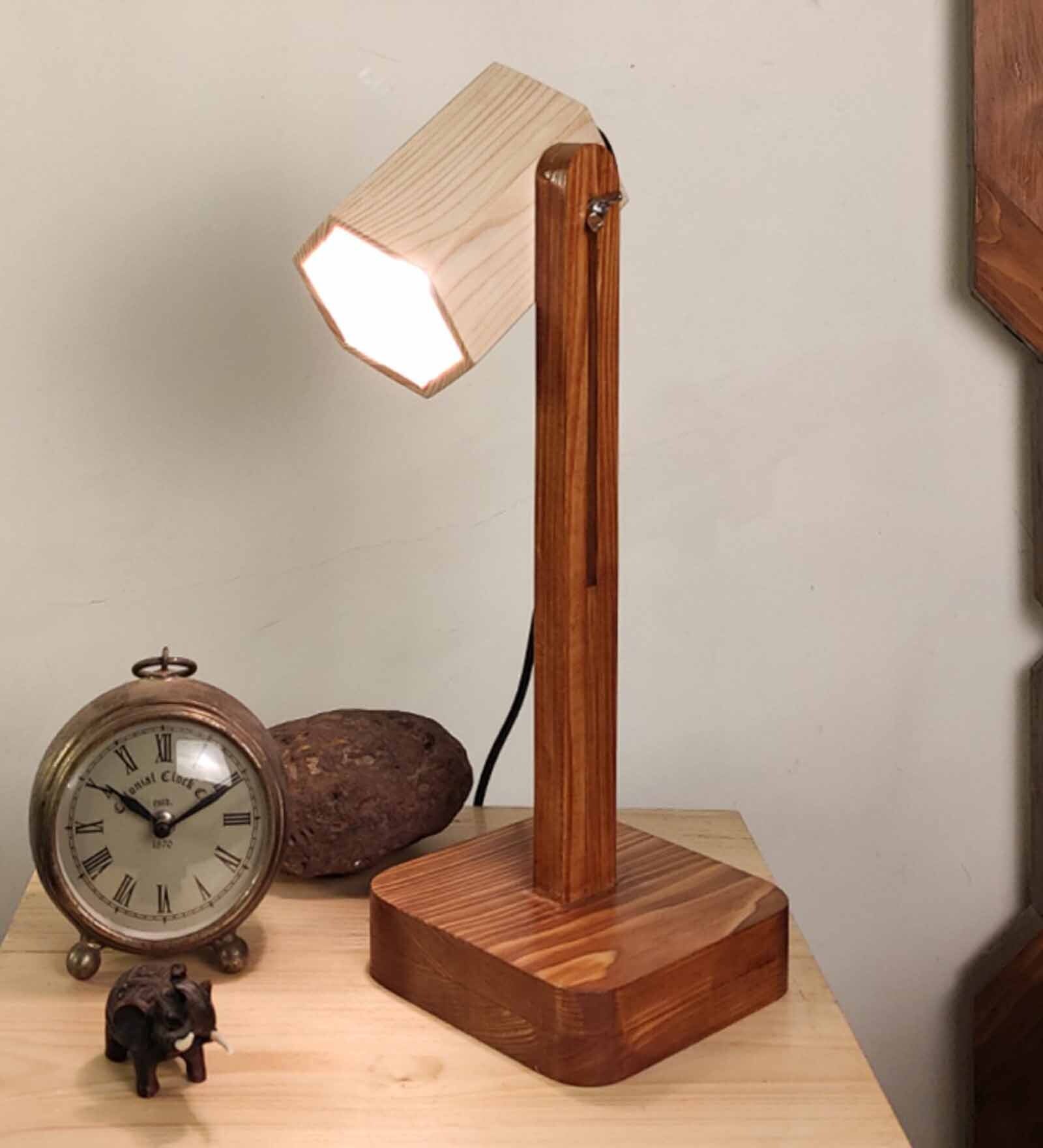 Hexspot Brown Wooden Table Lamp With Beige Wooden Lampshade