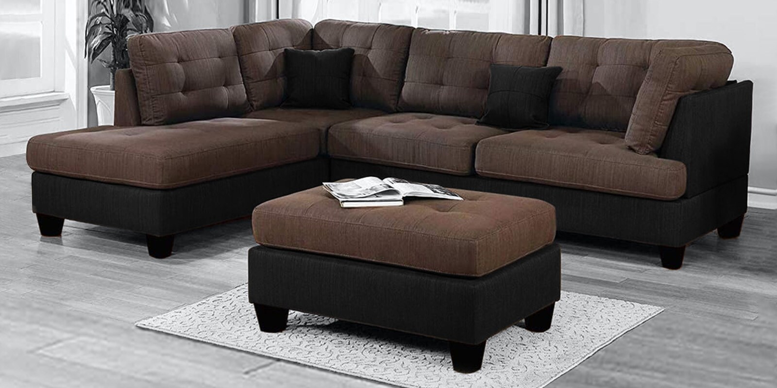 Heather Fabric RHS Sectional Sofa ( 3+ Lounger) in Brown & Black Colour