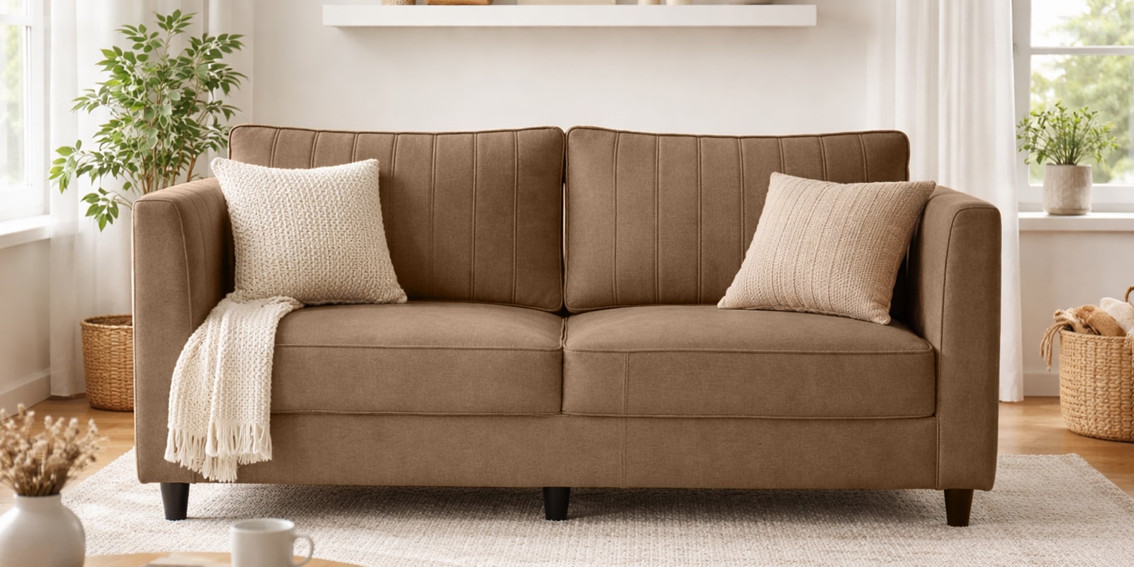 Henry 3 Seater Fabric Sofa In Dark Chocolate Brown Color.