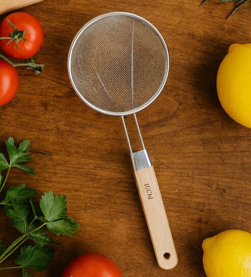 Heavy Duty Stainless Steel Deep Fry Net Spoon with Wooden Handle