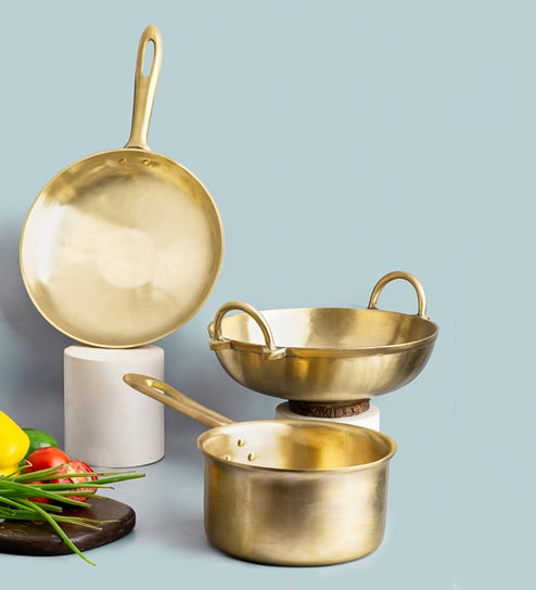Bronze 10 Inch 3 Litre Kadai, 10 Inch 1.8 Litre Frying Pan & 7.6 Inch 2Litre Sauce Pan Combo Set of 3