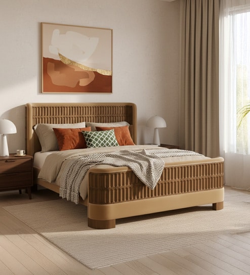 Heritage Cane Upholstered Bed in Linen With Oak wood Frame