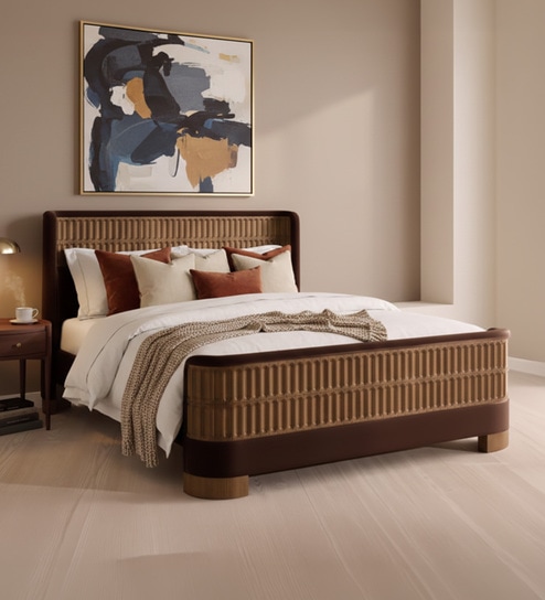 Heritage Cane Upholstered Bed in Linen With Oak wood Frame