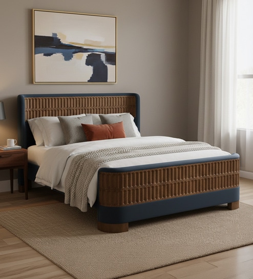 Heritage Cane Upholstered Queen Size Bed in Linen With Oak wood Frame