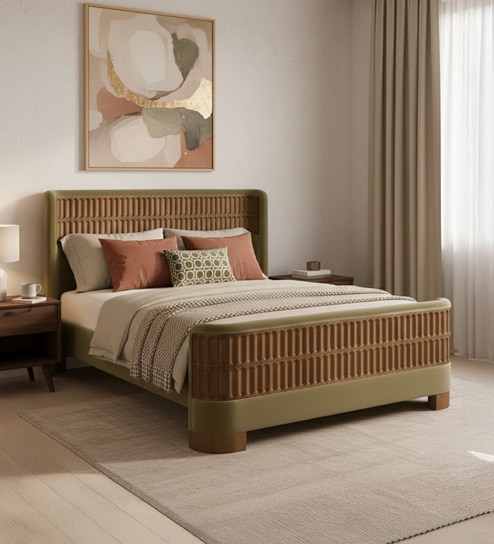 Heritage Cane Upholstered Queen Size Bed in Linen With Oak wood Frame