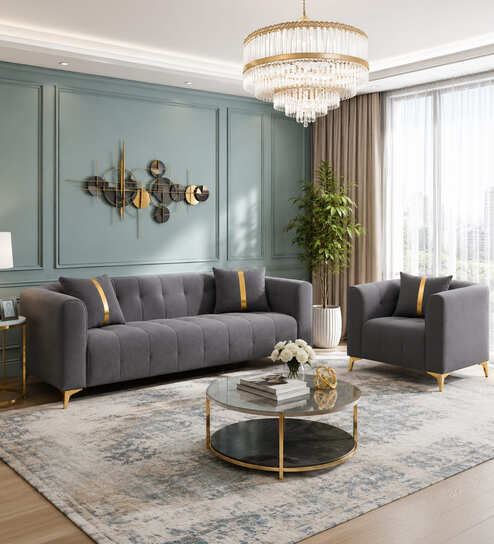 Heritage Tufted Velvet Fabric 3+1 Seater Sofa Set In Grey Colour