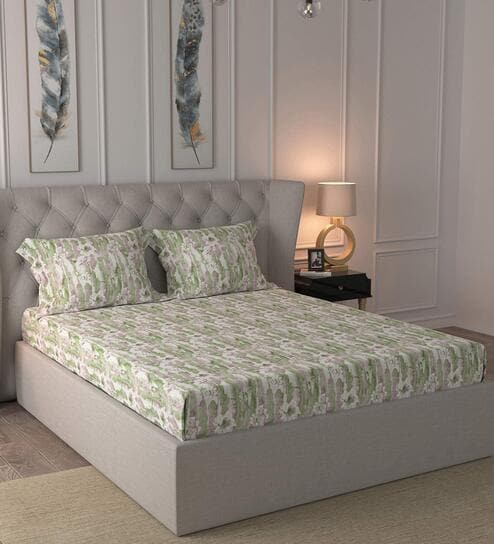 Green Floral 200 TC Cotton 1 Double Bedsheet with 2 Pillow Covers by Maspar