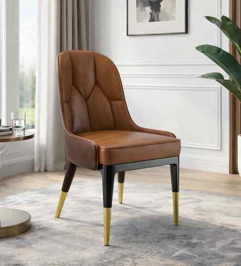 Herno Leatherette Dining Chair In Tan And Grey Color