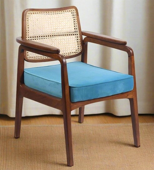 Hertz Solid Wood Arm Chair in Brown & Blue Color
