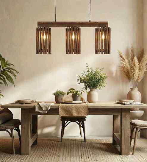 Hexa 3 Lights Brown Solid Wood Linear Chandelier Cluster Hanging Light