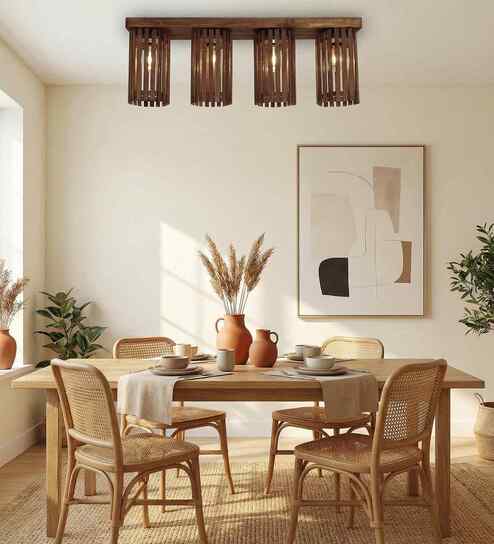Hexa 4 Lights Brown Solid Wood Flush Mounted Ceiling Light