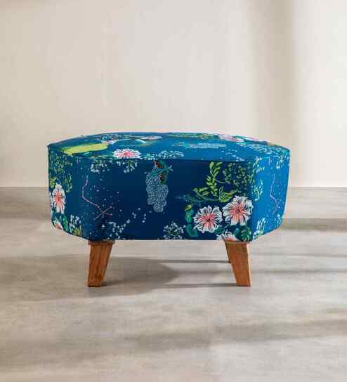 Hexa Acacia Wood Pouffe in Blue Fabric