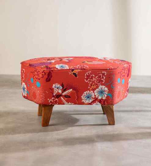Hexa Acacia Wood Pouffe in Red Fabric