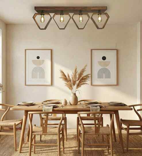 Hexad 4 Lights Brown Solid Wood Flush Mounted Ceiling Light